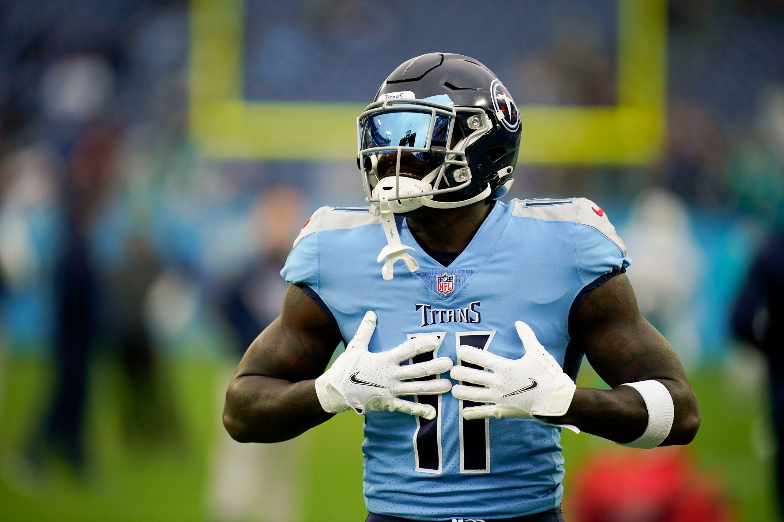 Tennessee Titans wide receiver A.J. Brown (11) warms up before facing the Miami Dolphins at Nissan Stadium Sunday, Jan. 2, 2022 in Nashville, Tenn. Titans Dolphins 020