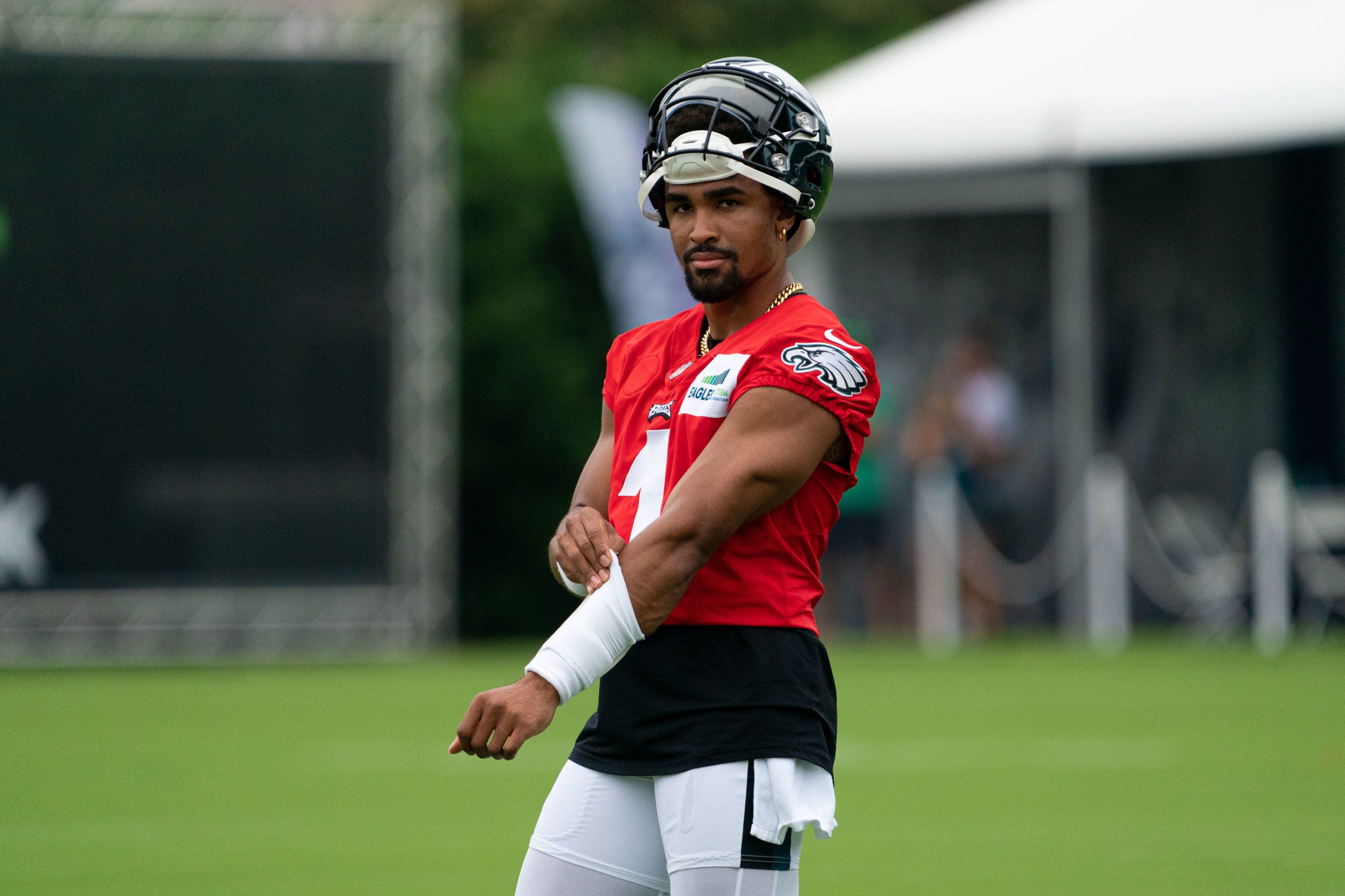 Jul 29, 2022; Philadelphia, PA, USA; Philadelphia Eagles quarterback Jalen Hurts (1) during training camp at NovaCare Complex. Mandatory Credit: Bill Streicher-USA TODAY Sports