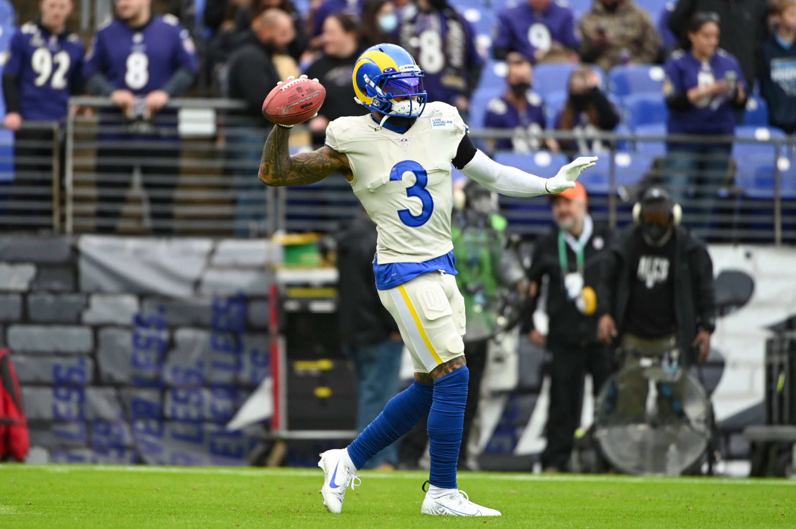 Jan 2, 2022; Baltimore, Maryland, USA; Los Angeles Rams wide receiver Odell Beckham Jr. (3) throws before the game against the Baltimore Ravens  at M&T Bank Stadium. Mandatory Credit: Tommy Gilligan-USA TODAY Sports