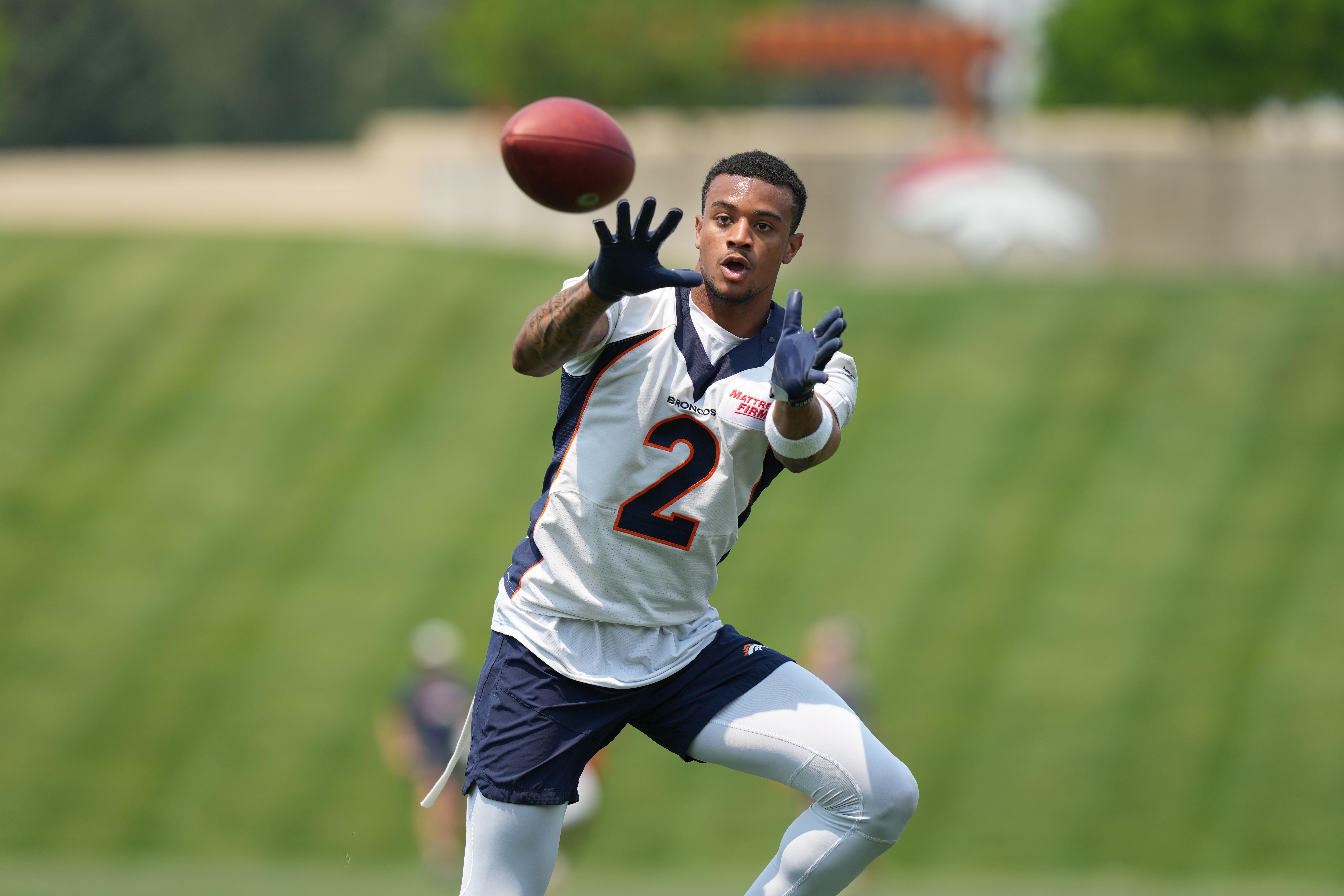 Jun 13, 2022; Englewood, CO, USA; Denver Broncos cornerback Pat Surtain II (2) during mini camp drills at the UCHealth Training Center. Mandatory Credit: Ron Chenoy-USA TODAY Sports