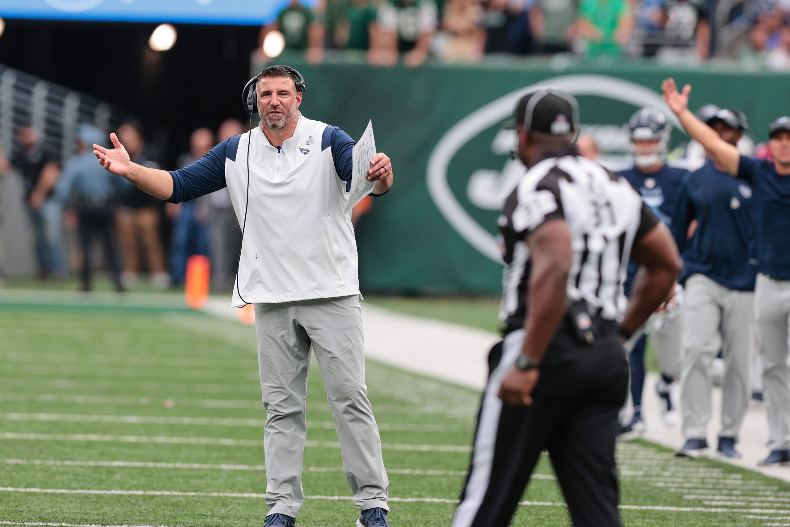 Oct 3, 2021; East Rutherford, New Jersey, USA; Tennessee Titans head coach Mike Vrabel reacts to a call by an official against the New York Jets during overtime at MetLife Stadium. Mandatory Credit: Vincent Carchietta-USA TODAY Sports