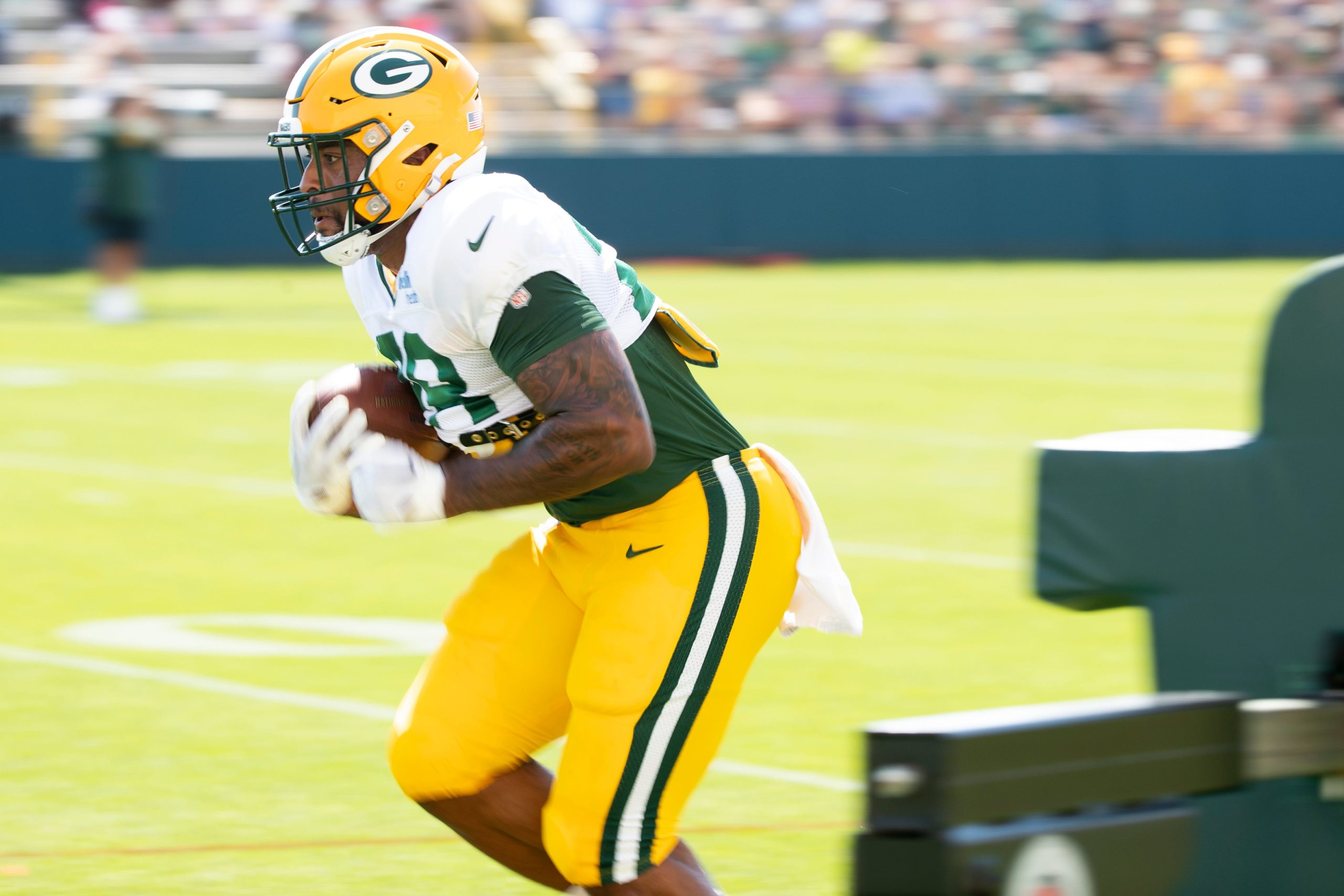 Green Bay Packers running back AJ Dillon (28) participates in training camp on Tuesday, Aug. 2, 2022, at Ray Nitschke Field in Ashwaubenon, Wis. Samantha Madar/USA TODAY NETWORK-Wis. Gpg Packers Training Camp 08022022 0005