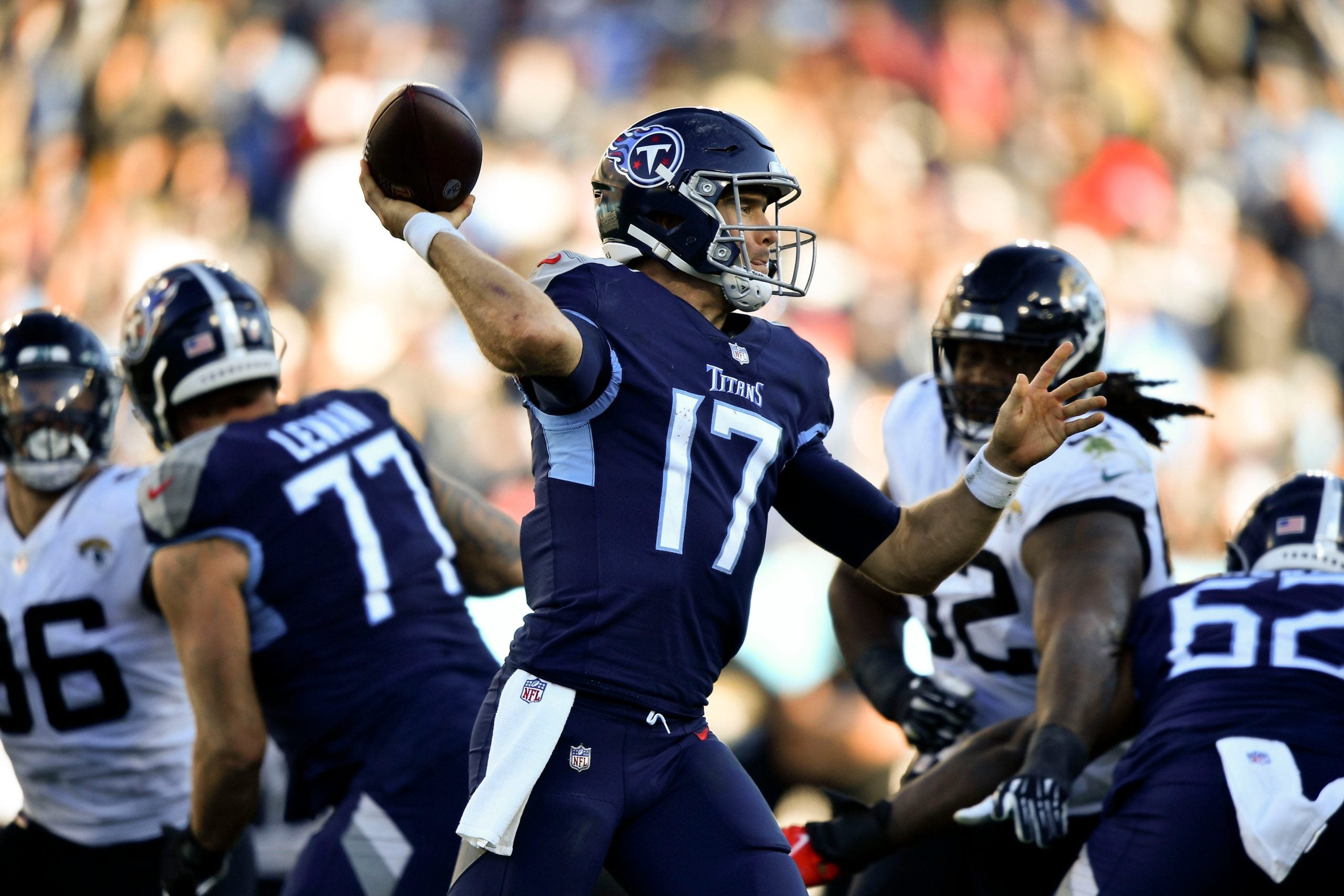 Dec 12, 2021; Nashville, TN, USA;  Tennessee Titans quarterback Ryan Tannehill (17) passes the ball during the fourth quarter against the Jacksonville Jaguars at Nissan Stadium. Mandatory Credit: George Walker IV-USA TODAY Sports
