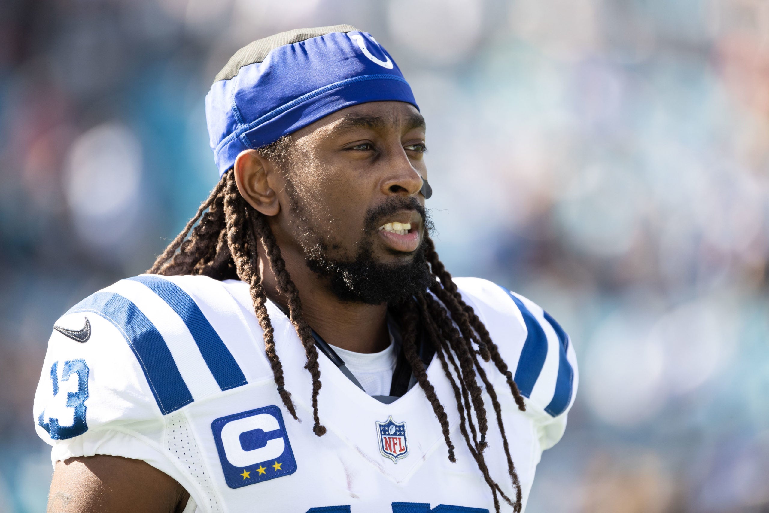 Jan 9, 2022; Jacksonville, Florida, USA; Indianapolis Colts wide receiver T.Y. Hilton (13) warms up before the game against the Jacksonville Jaguars at TIAA Bank Field. Mandatory Credit: Matt Pendleton-USA TODAY Sports