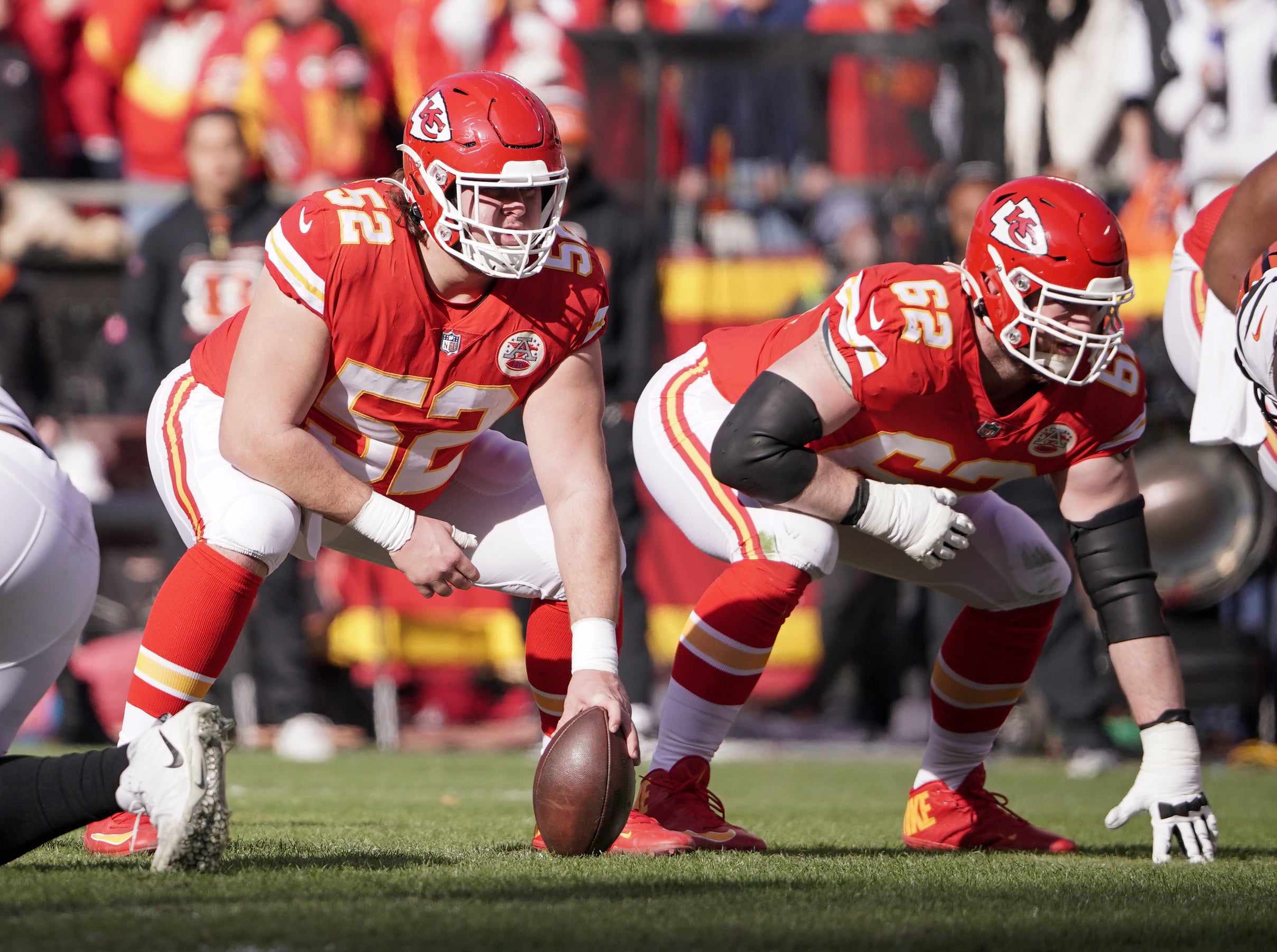 Jan 30, 2022; Kansas City, Missouri, USA; Kansas City Chiefs center Creed Humphrey (52) readies to snap against the Cincinnati Bengals during the AFC Championship game at GEHA Field at Arrowhead Stadium. Mandatory Credit: Denny Medley-USA TODAY Sports