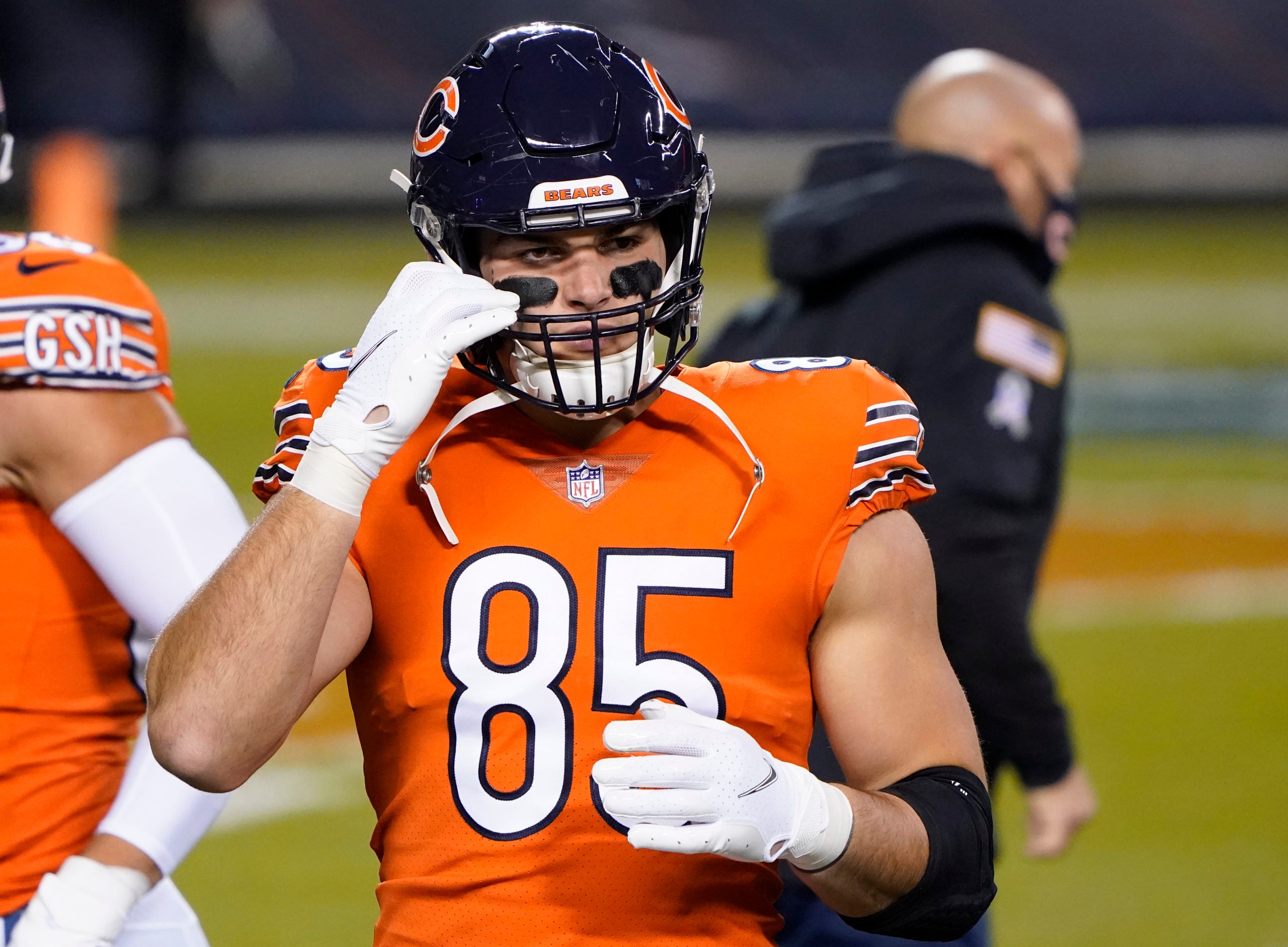Nov 16, 2020; Chicago, Illinois, USA; Chicago Bears tight end Cole Kmet (85) takes the field before the game against the Minnesota Vikings at Soldier Field. Mandatory Credit: Mike Dinovo-USA TODAY Sports