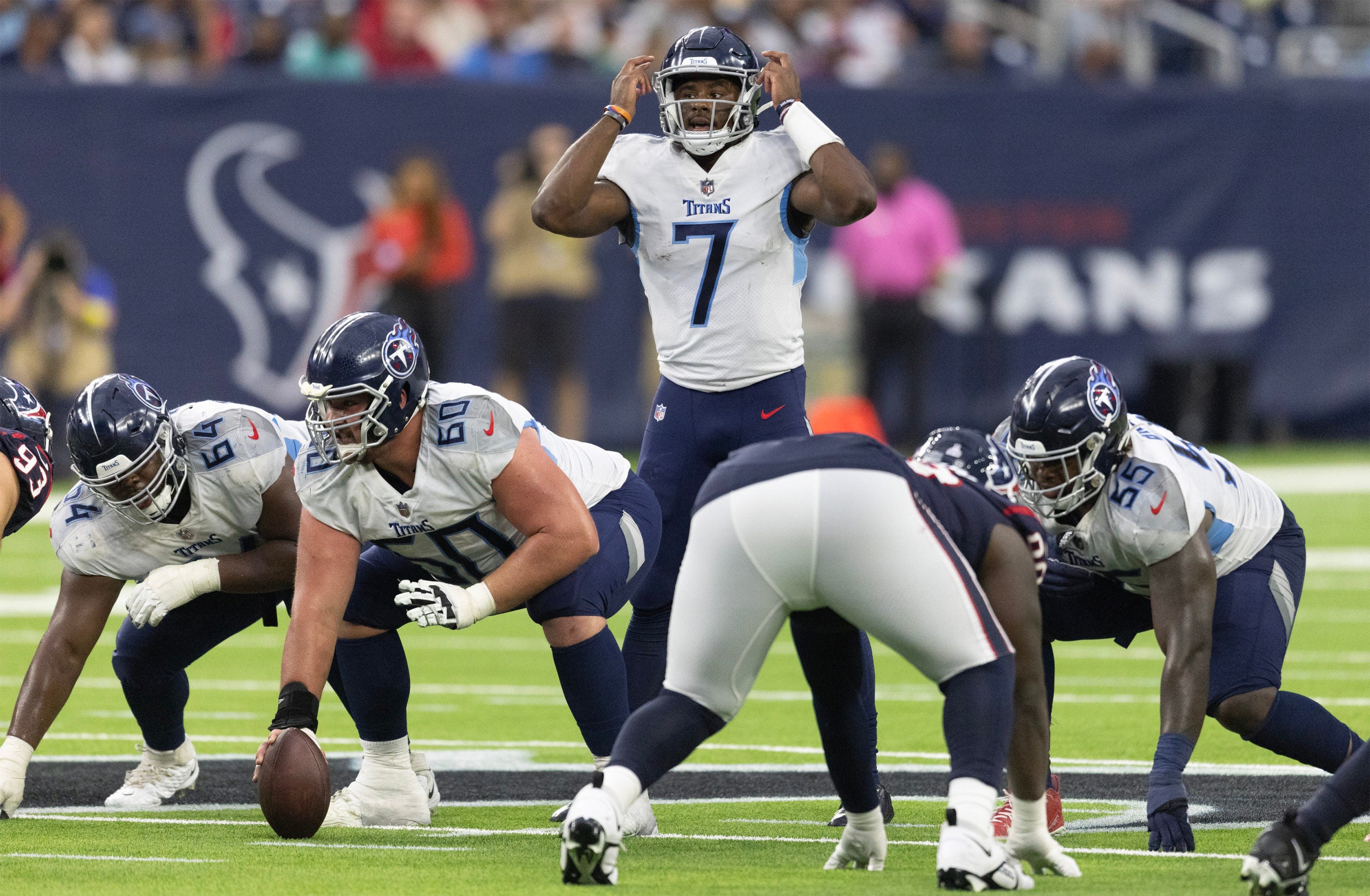 Oct 30, 2022; Houston, Texas, USA; Tennessee Titans quarterback Malik Willis (7) calls a play against the Houston Texans in the third quarter at NRG Stadium. Mandatory Credit: Thomas Shea-USA TODAY Sports