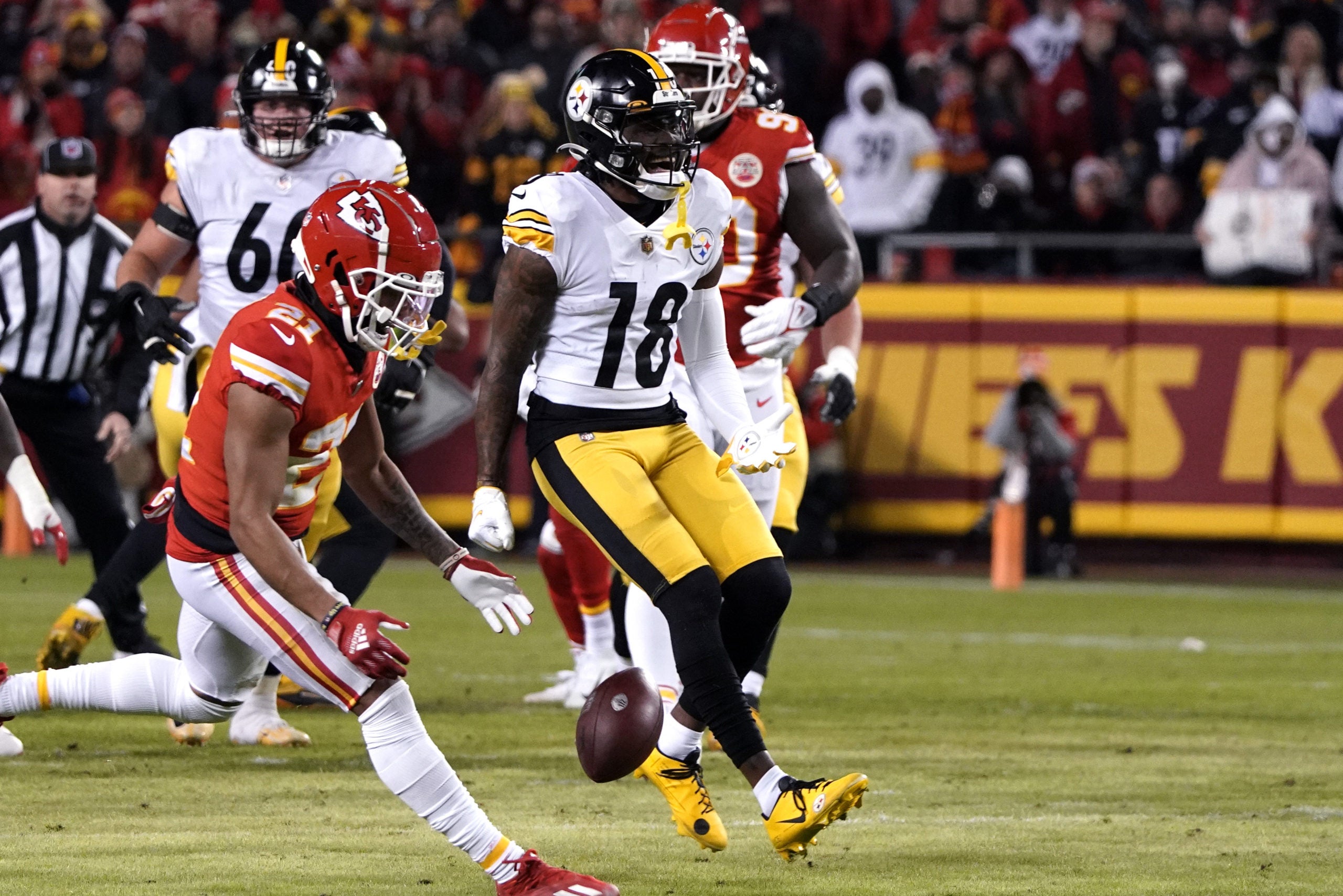 Jan 16, 2022; Kansas City, Missouri, USA; Pittsburgh Steelers wide receiver Diontae Johnson (18) reacts during the first half against the Kansas City Chiefs in an AFC Wild Card playoff football game at GEHA Field at Arrowhead Stadium. Mandatory Credit: Denny Medley-USA TODAY Sports