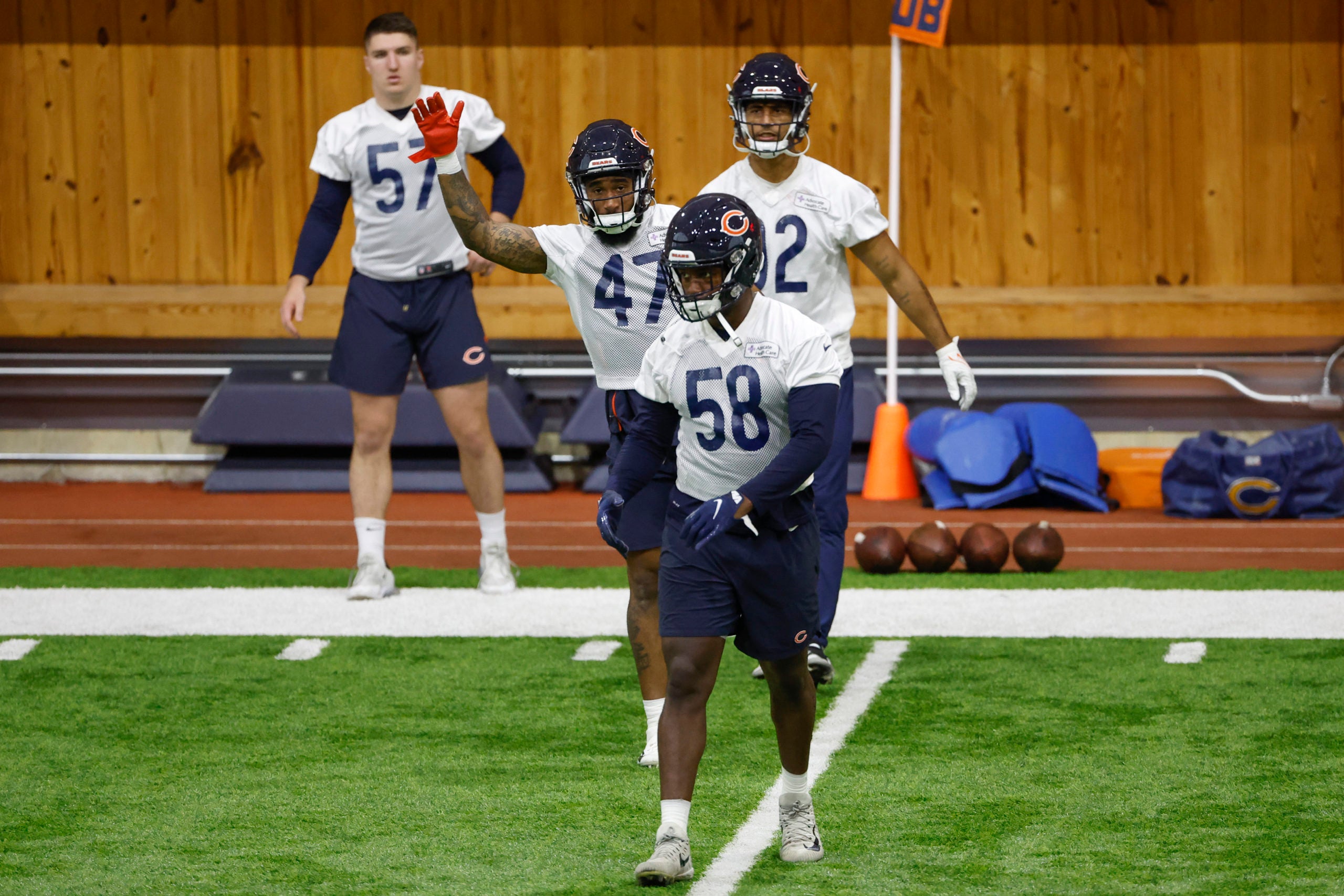 Jun 8, 2022; Lake Forest, IL, USA; Chicago Bears linebacker Roquan Smith (58) warms up during organized team activities at Halas Hall. Mandatory Credit: Kamil Krzaczynski-USA TODAY Sports