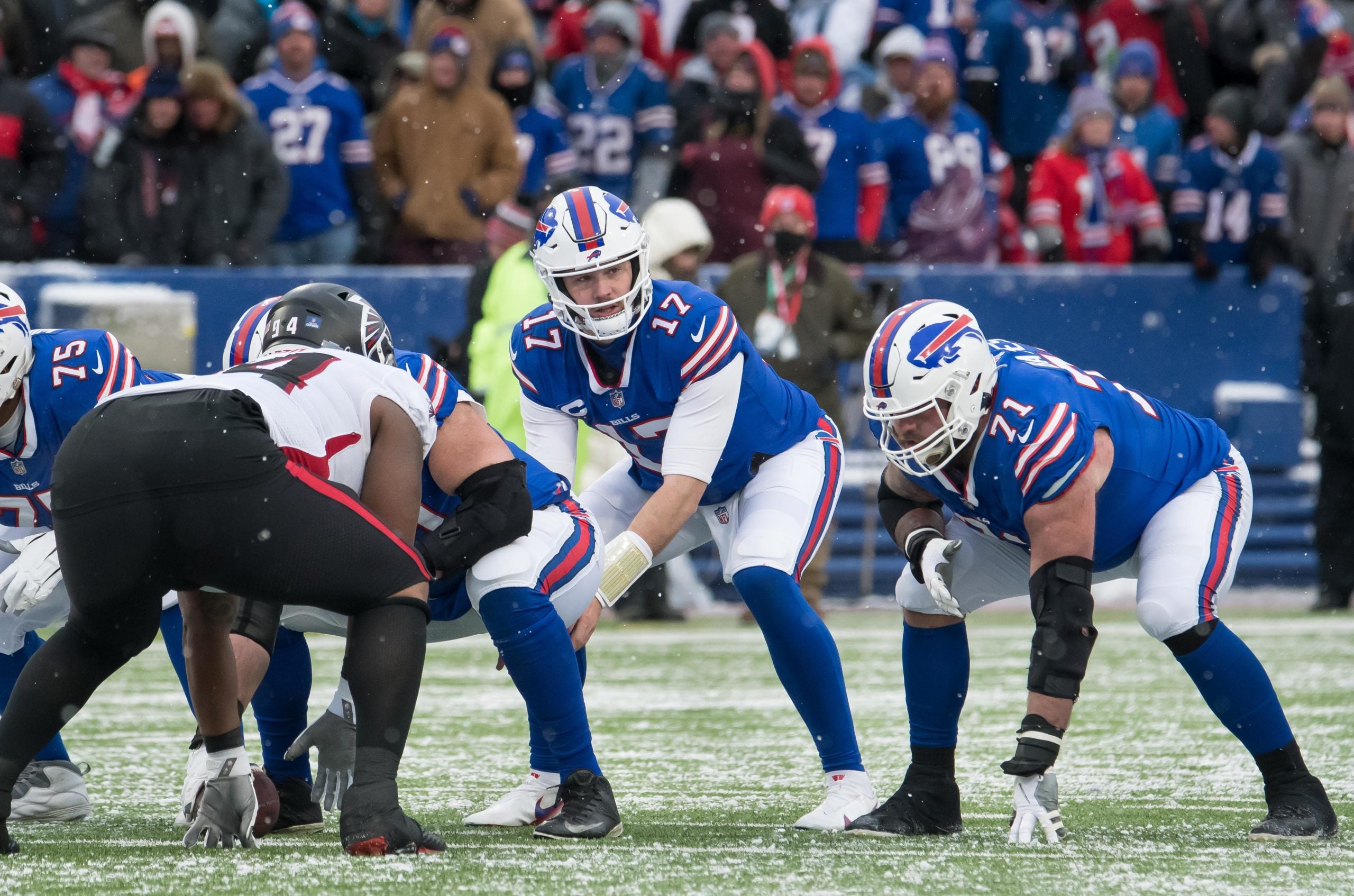 Jan 2, 2022; Orchard Park, New York, USA; Buffalo Bills quarterback Josh Allen (17) and offensive tackle Ryan Bates (71) line up against Atlanta Falcons defensive tackle Anthony Rush (94)  in the second quarter at Highmark Stadium. Mandatory Credit: Mark Konezny-USA TODAY Sports