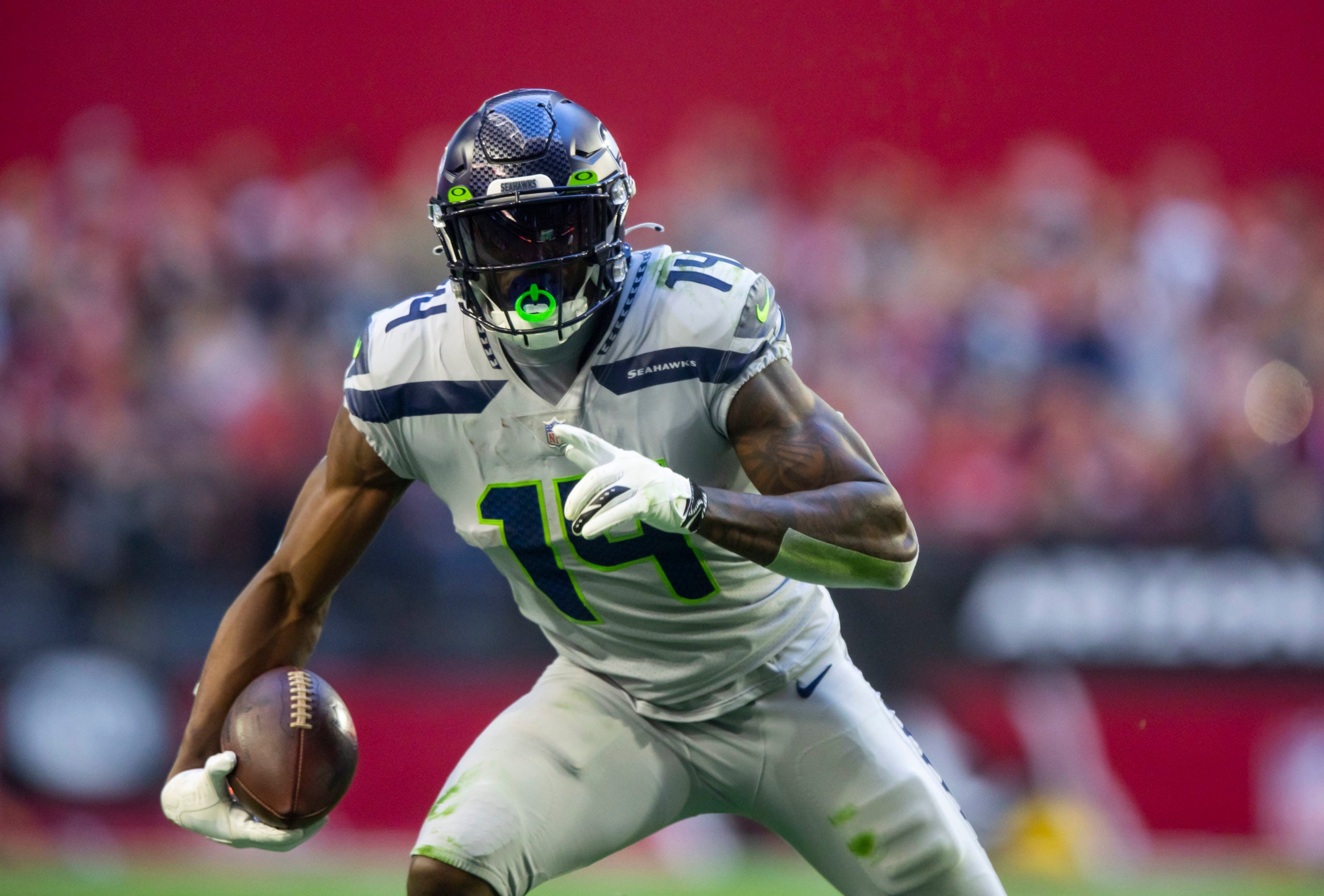 Jan 9, 2022; Glendale, Arizona, USA; Seattle Seahawks wide receiver DK Metcalf (14) against the Arizona Cardinals at State Farm Stadium. Mandatory Credit: Mark J. Rebilas-USA TODAY Sports