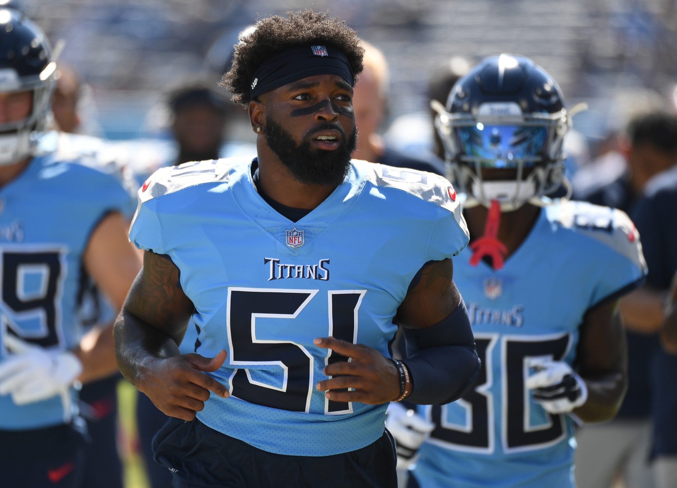 Sep 26, 2021; Nashville, Tennessee, USA; Tennessee Titans linebacker David Long (51) leaves the field before the game against the Indianapolis Colts at Nissan Stadium. Mandatory Credit: Christopher Hanewinckel-USA TODAY Sports
