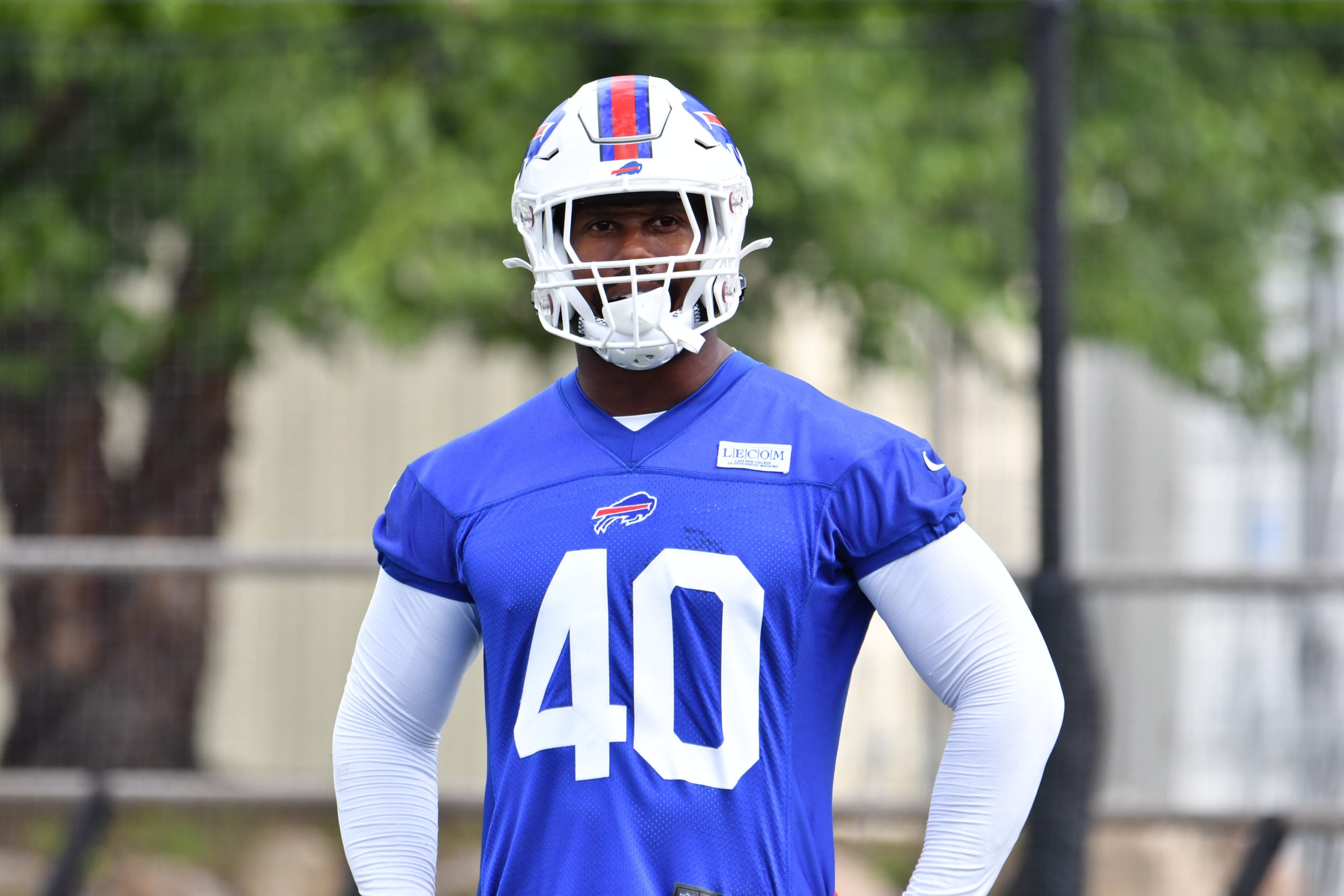 Jul 25, 2022; Pittsford, NY, USA; Buffalo Bills linebacker Von Miller (40) on the field during training camp at St. John Fisher University. Mandatory Credit: Mark Konezny-USA TODAY Sports