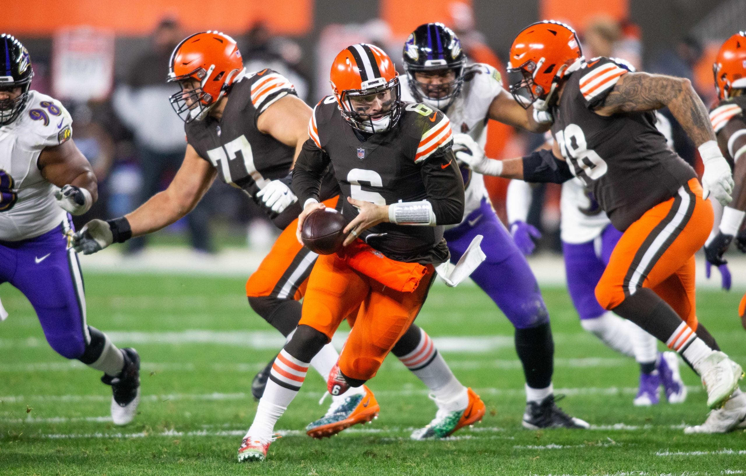 Dec 14, 2020; Cleveland, Ohio, USA; Cleveland Browns quarterback Baker Mayfield (6) against the Baltimore Ravens during the second quarter at FirstEnergy Stadium. Mandatory Credit: Scott Galvin-USA TODAY Sports