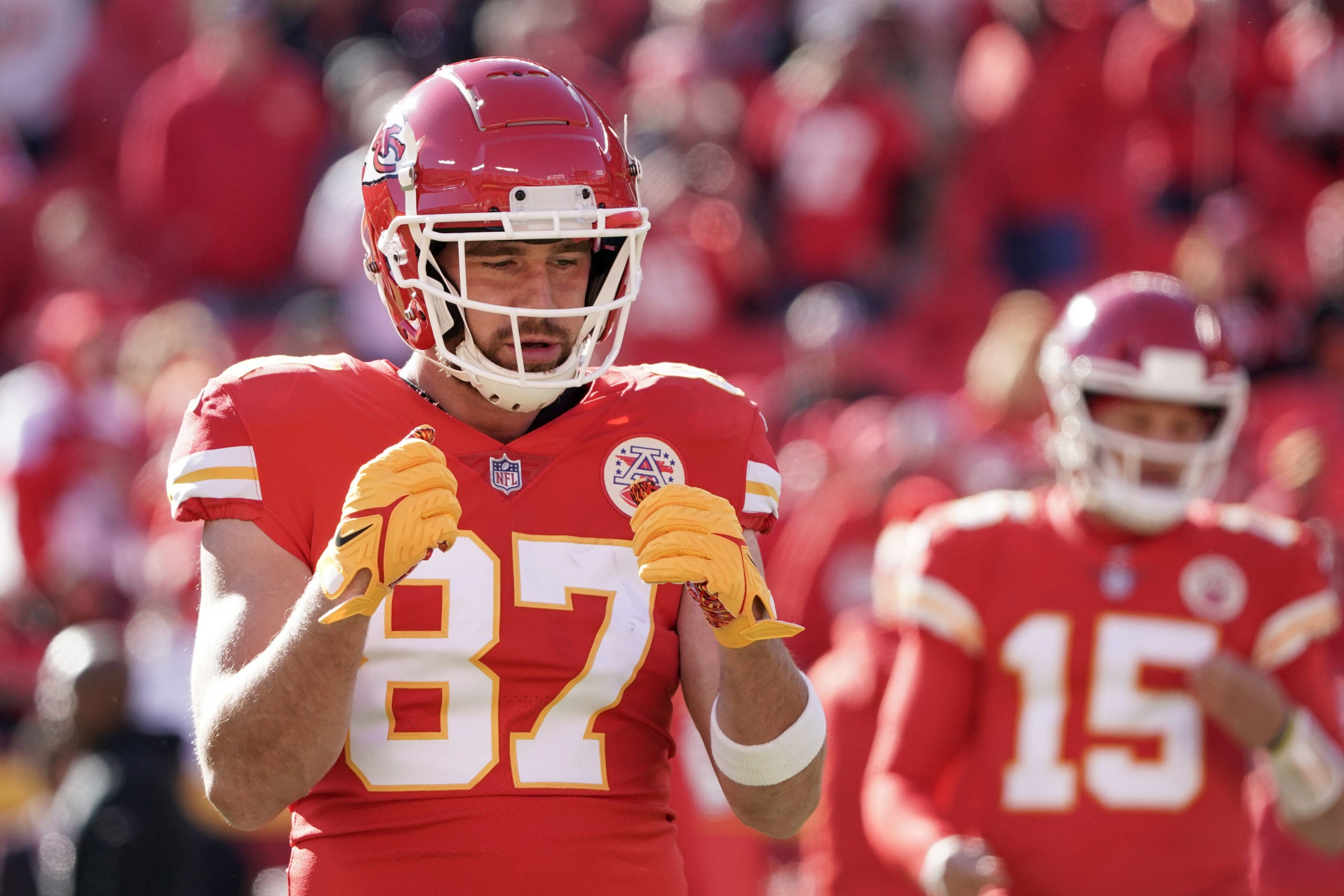 Dec 12, 2021; Kansas City, Missouri, USA; Kansas City Chiefs tight end Travis Kelce (87) warms up against the Las Vegas Raiders before the game at GEHA Field at Arrowhead Stadium. Mandatory Credit: Denny Medley-USA TODAY Sports