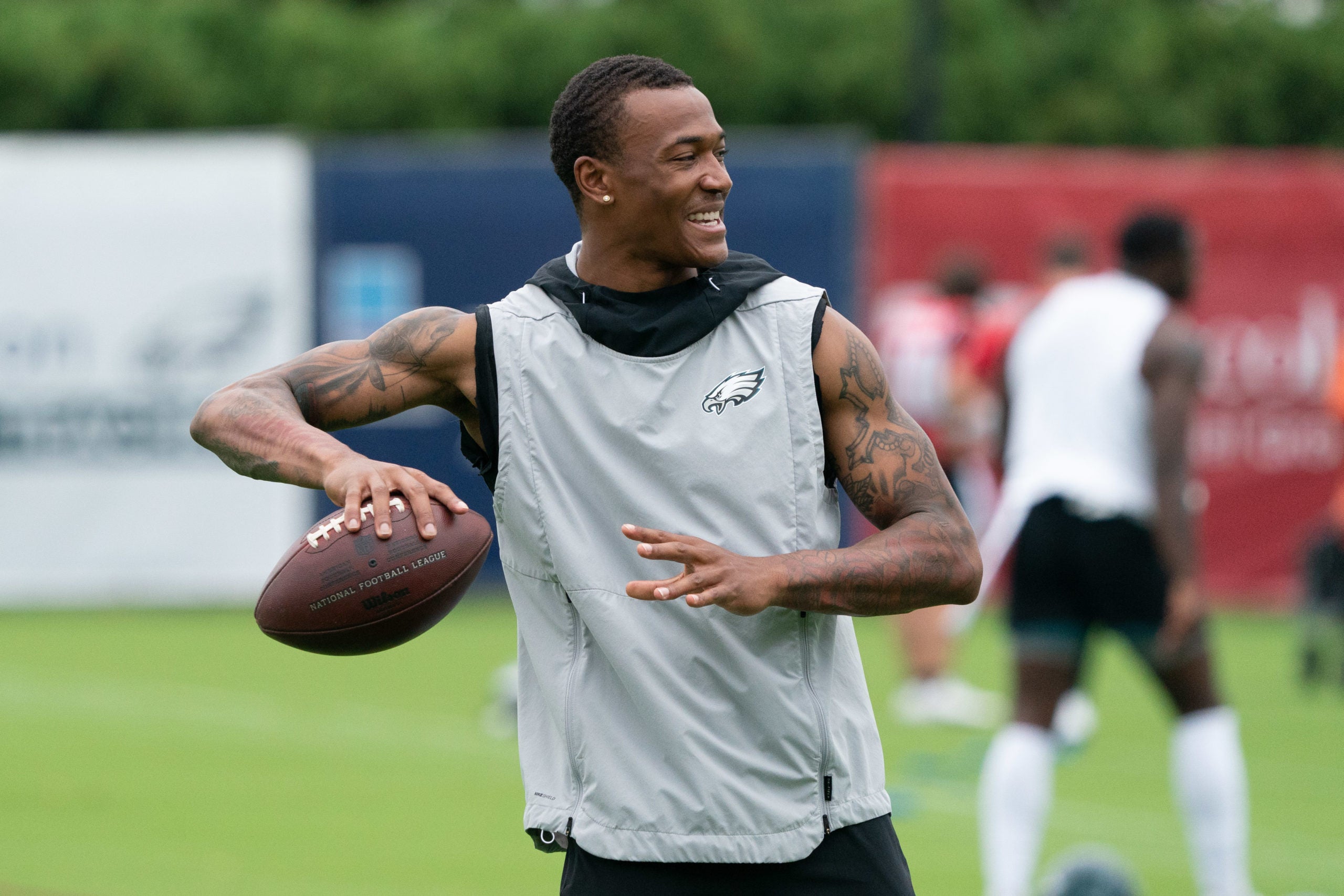 Jul 29, 2022; Philadelphia, PA, USA; Philadelphia Eagles wide receiver DeVonta Smith (6) throws a ball during training camp at NovaCare Complex. Mandatory Credit: Bill Streicher-USA TODAY Sports