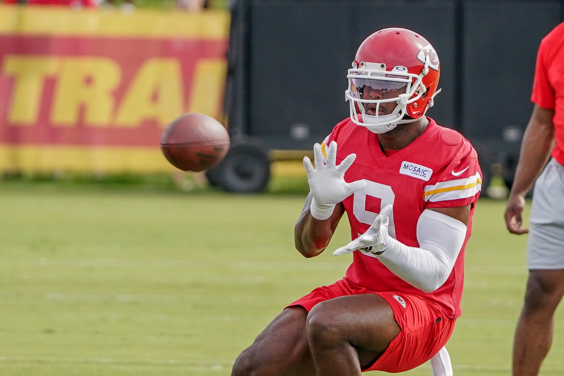 Jul 27, 2022; St. Joseph, MO, USA; Kansas City Chiefs wide receiver Juju Smith-Schuster (9) catches a pass during training camp at Missouri Western University. Mandatory Credit: Denny Medley-USA TODAY Sports