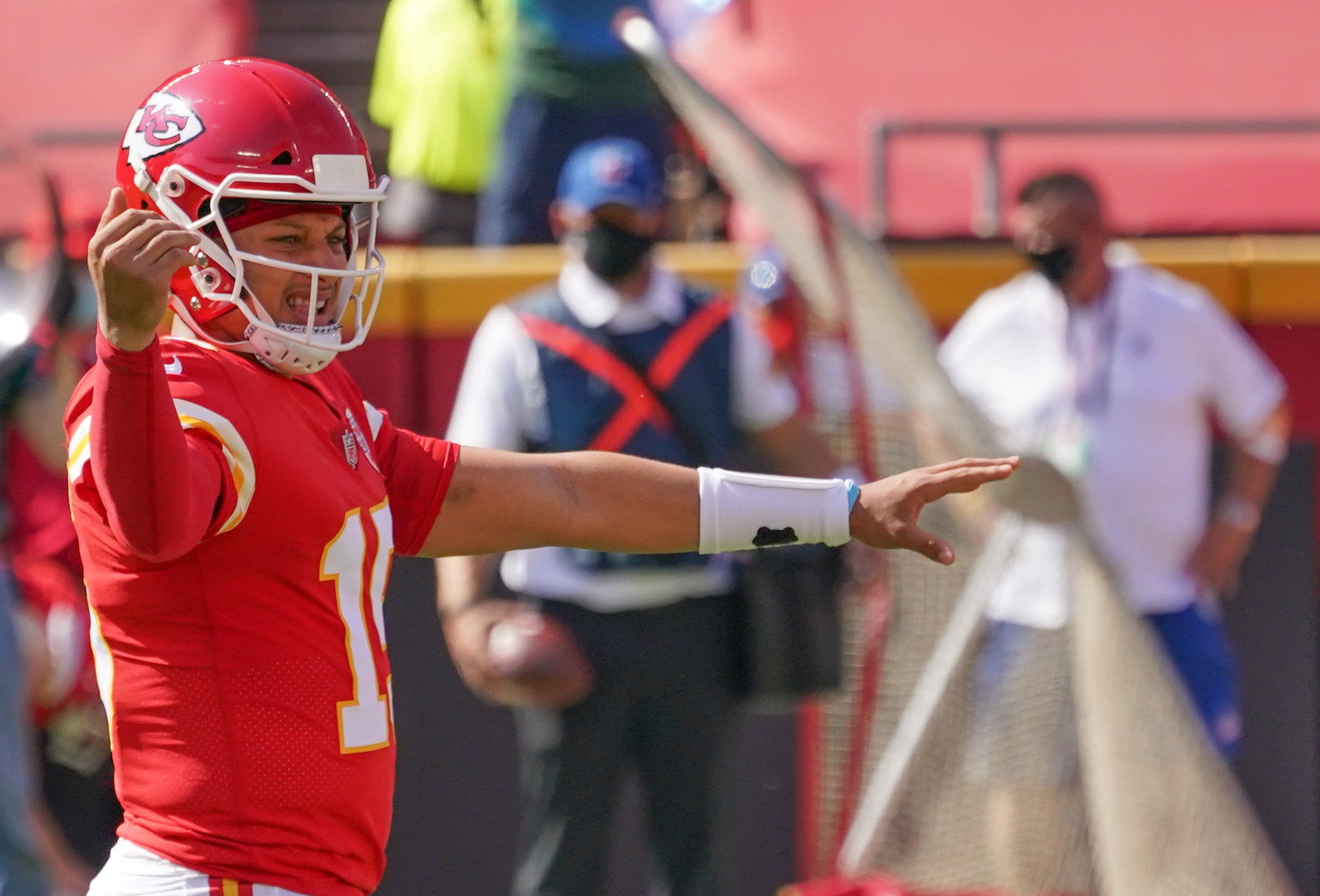 Oct 11, 2020; Kansas City, Missouri, USA; Kansas City Chiefs quarterback Patrick Mahomes (15) gestures at the line of scrimmage during the game against the Las Vegas Raiders at Arrowhead Stadium. Mandatory Credit: Denny Medley-USA TODAY Sports