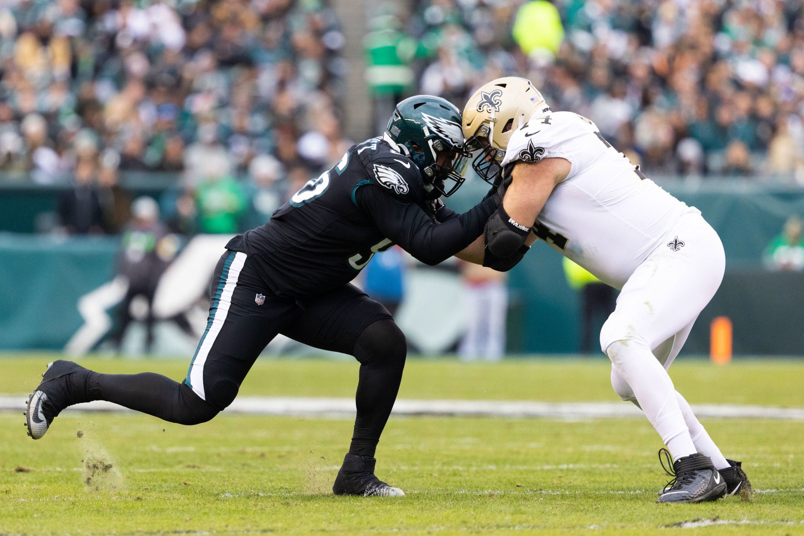 Nov 21, 2021; Philadelphia, Pennsylvania, USA; Philadelphia Eagles defensive end Derek Barnett (96) and New Orleans Saints guard James Hurst (74) in action at Lincoln Financial Field. Mandatory Credit: Bill Streicher-USA TODAY Sports