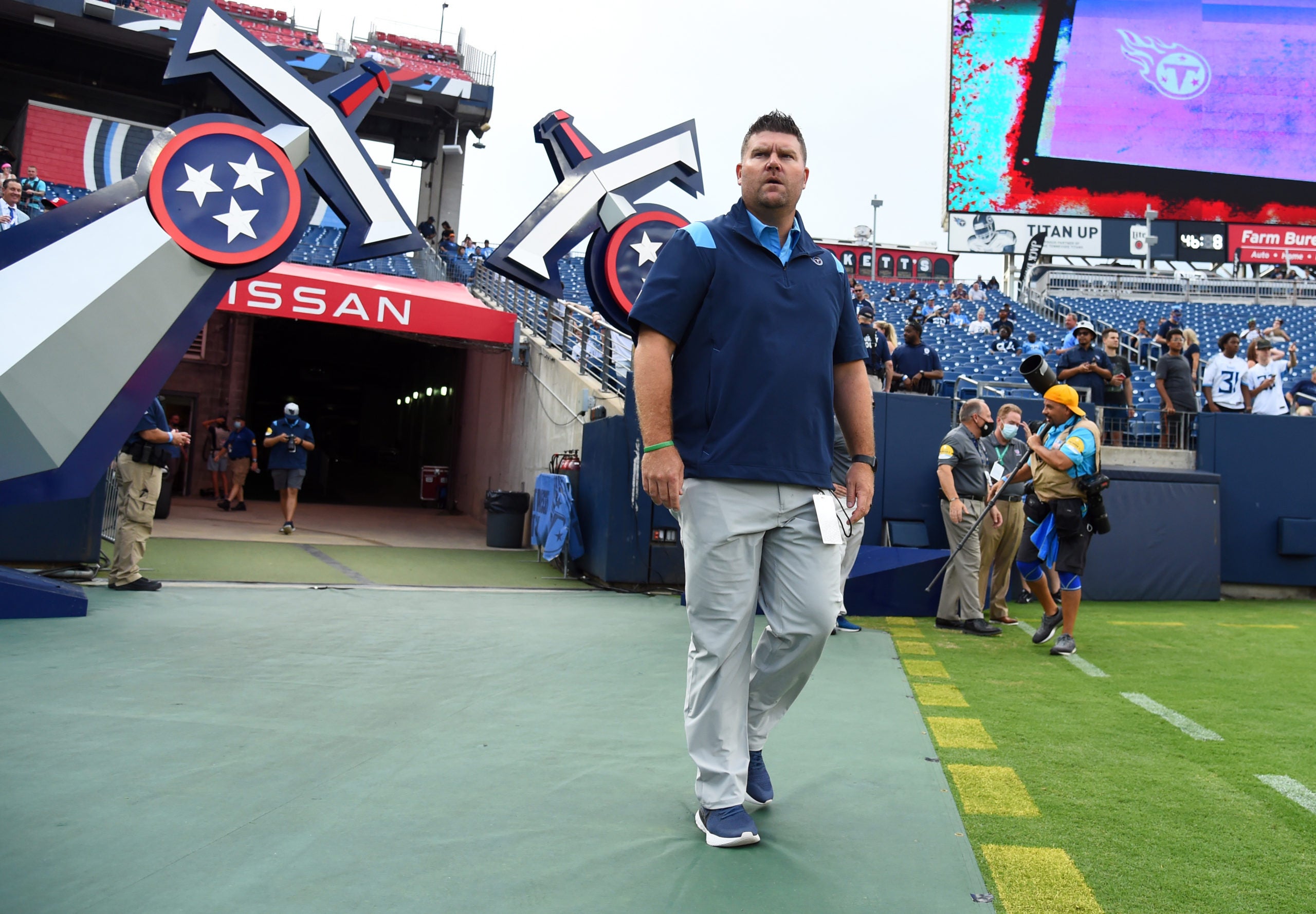 Aug 28, 2021; Nashville, TN, USA; Tennessee Titans general manager Jon Robinson before the game against the Chicago Bears at Nissan Stadium. Mandatory Credit: Christopher Hanewinckel-USA TODAY Sports