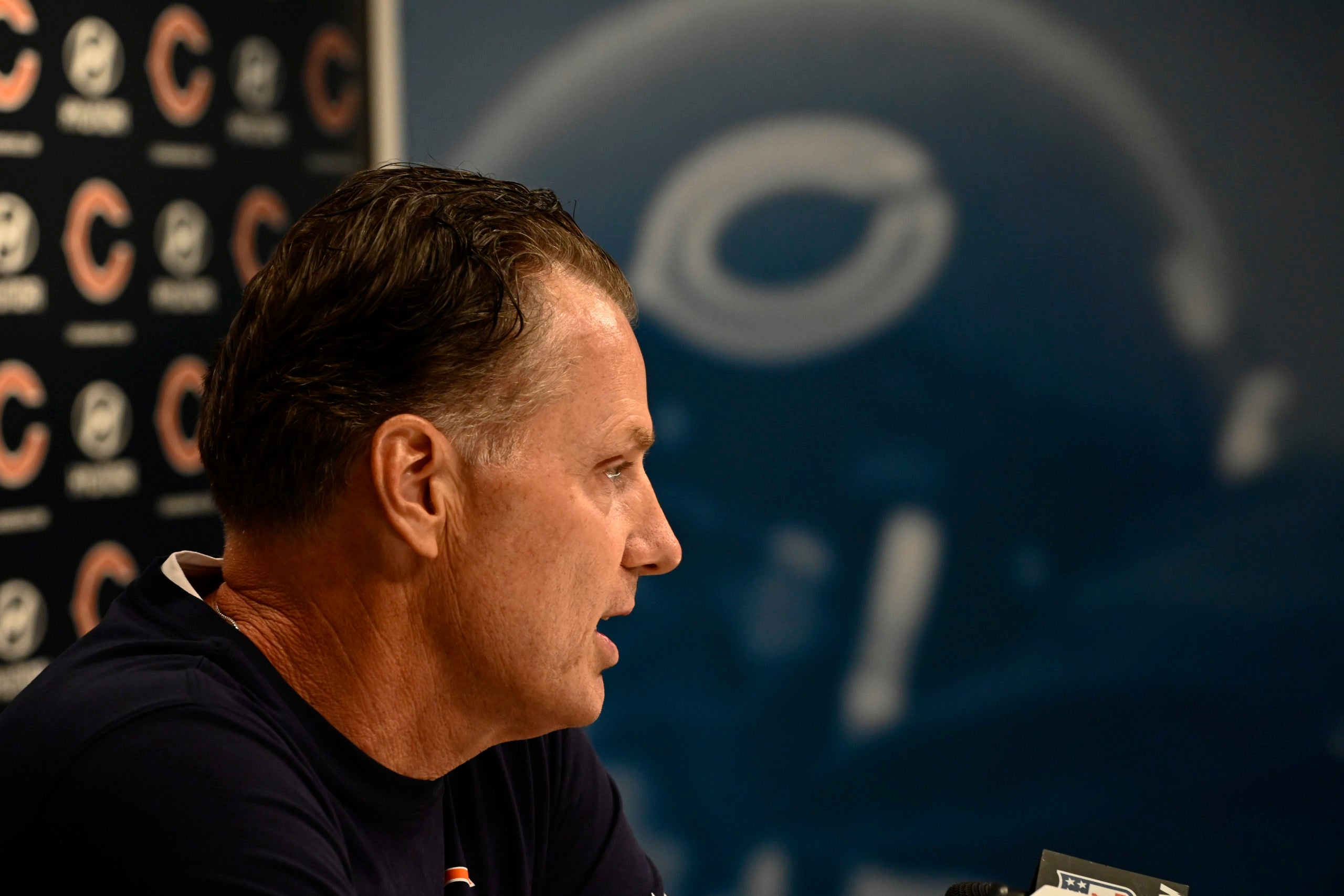 Jul 29, 2022; Lake Forest, IL, USA;  Chicago Bears head coach Matt Eberflus talks with reporters during training camp at PNC Center at Halas Hall. Mandatory Credit: Matt Marton-USA TODAY Sports
