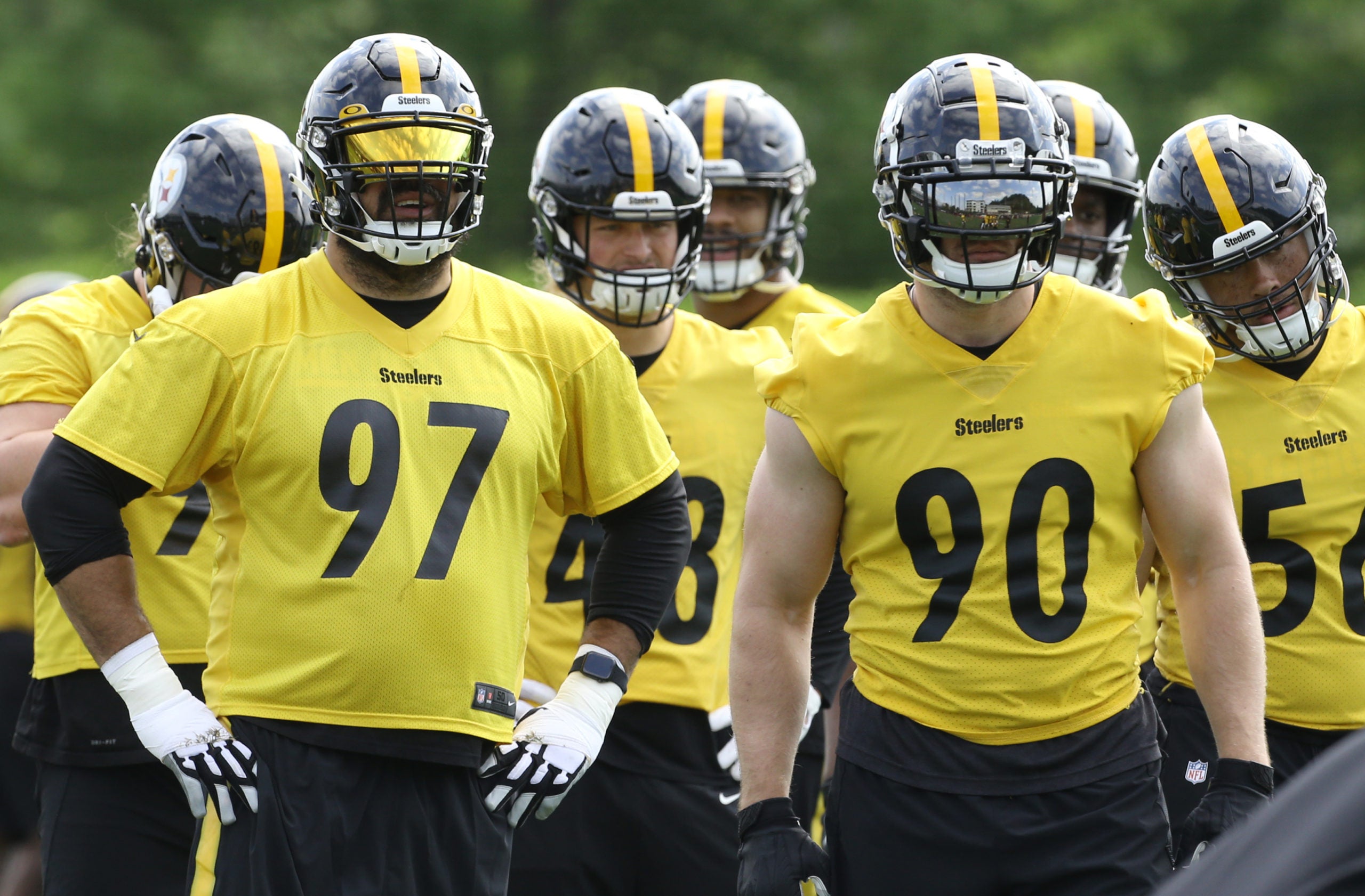 May 24, 2022; Pittsburgh, PA, USA; Pittsburgh Steelers defensive end Cameron Heyward (97) and linebacker TJ Watt (90) participate in organized team activities at UPMC Rooney Sports Complex. Mandatory Credit: Charles LeClaire-USA TODAY Sports