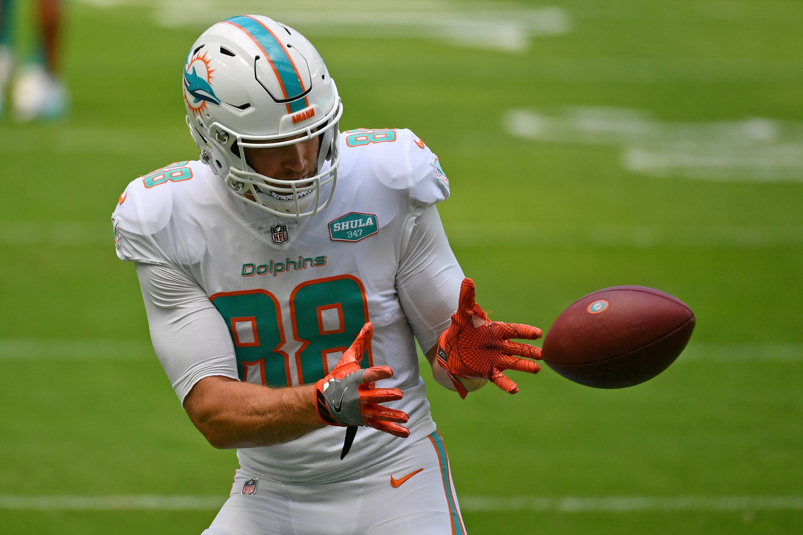 Nov 1, 2020; Miami Gardens, Florida, USA; Miami Dolphins tight end Mike Gesicki (88) warms up prior to the game against the Los Angeles Rams at Hard Rock Stadium. Mandatory Credit: Jasen Vinlove-USA TODAY Sports