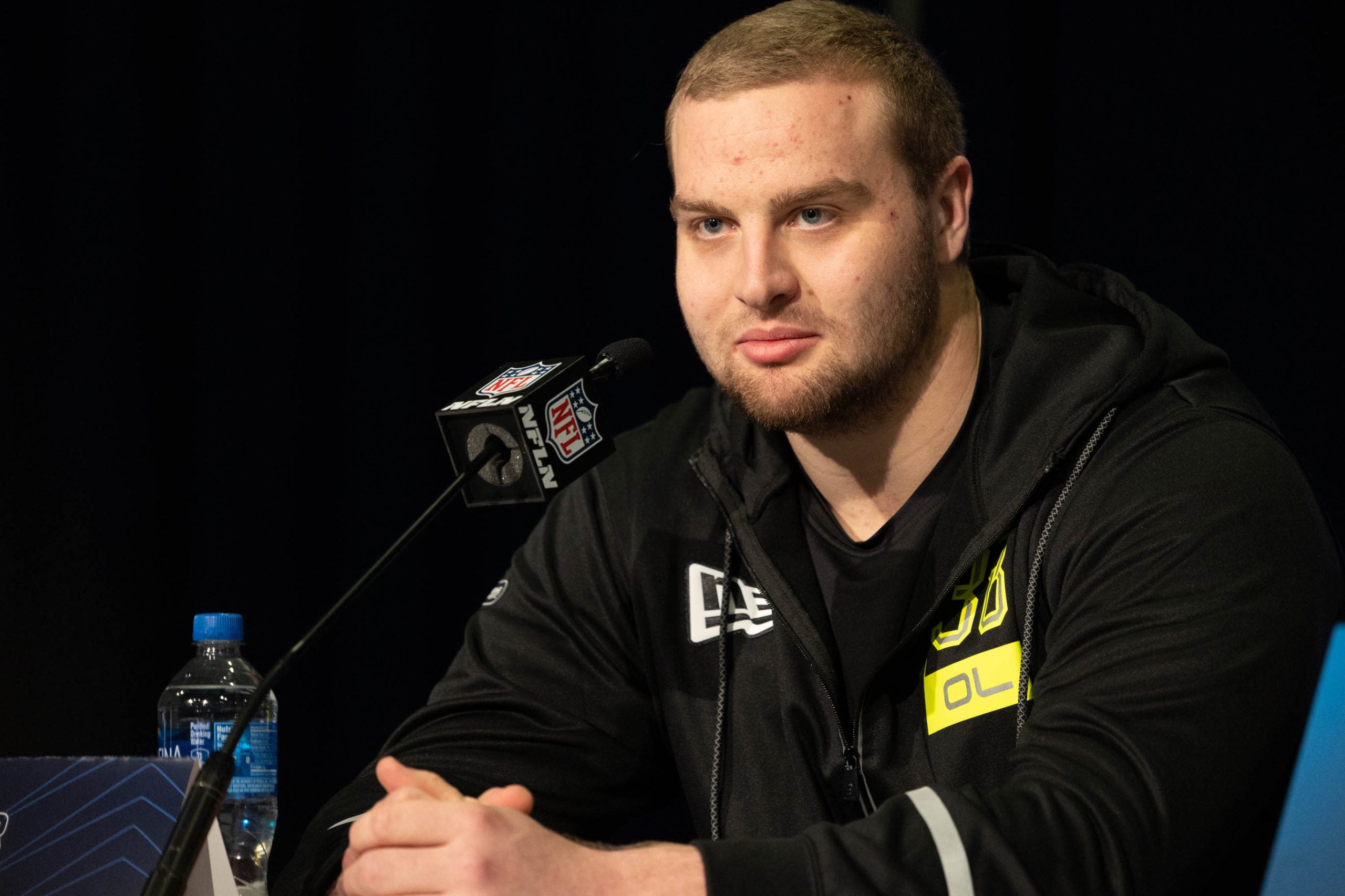 Mar 3, 2022; Indianapolis, IN, USA; Northern Iowa offensive lineman Trevor Penning  talks to the media during the 2022 NFL Scouting Combine.  Mandatory Credit: Trevor Ruszkowski-USA TODAY Sports