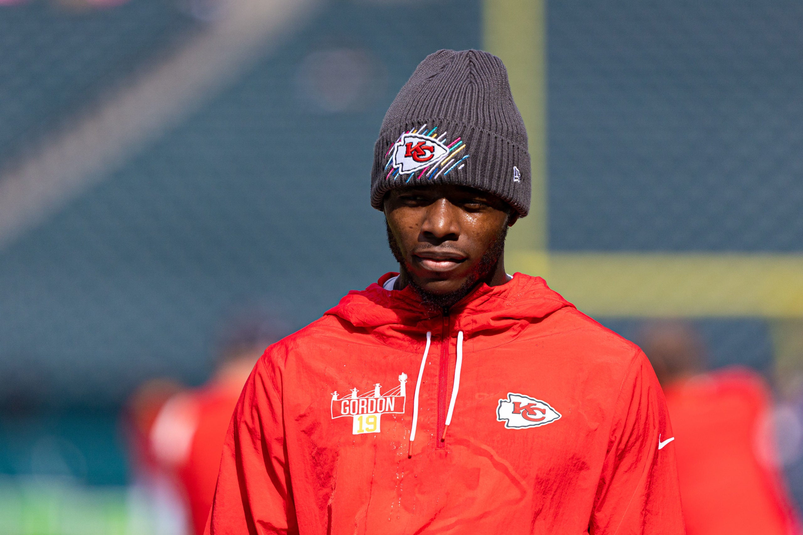 Oct 3, 2021; Philadelphia, Pennsylvania, USA; Kansas City Chiefs wide receiver Josh Gordon before a game against the Philadelphia Eagles at Lincoln Financial Field. Mandatory Credit: Bill Streicher-USA TODAY Sports