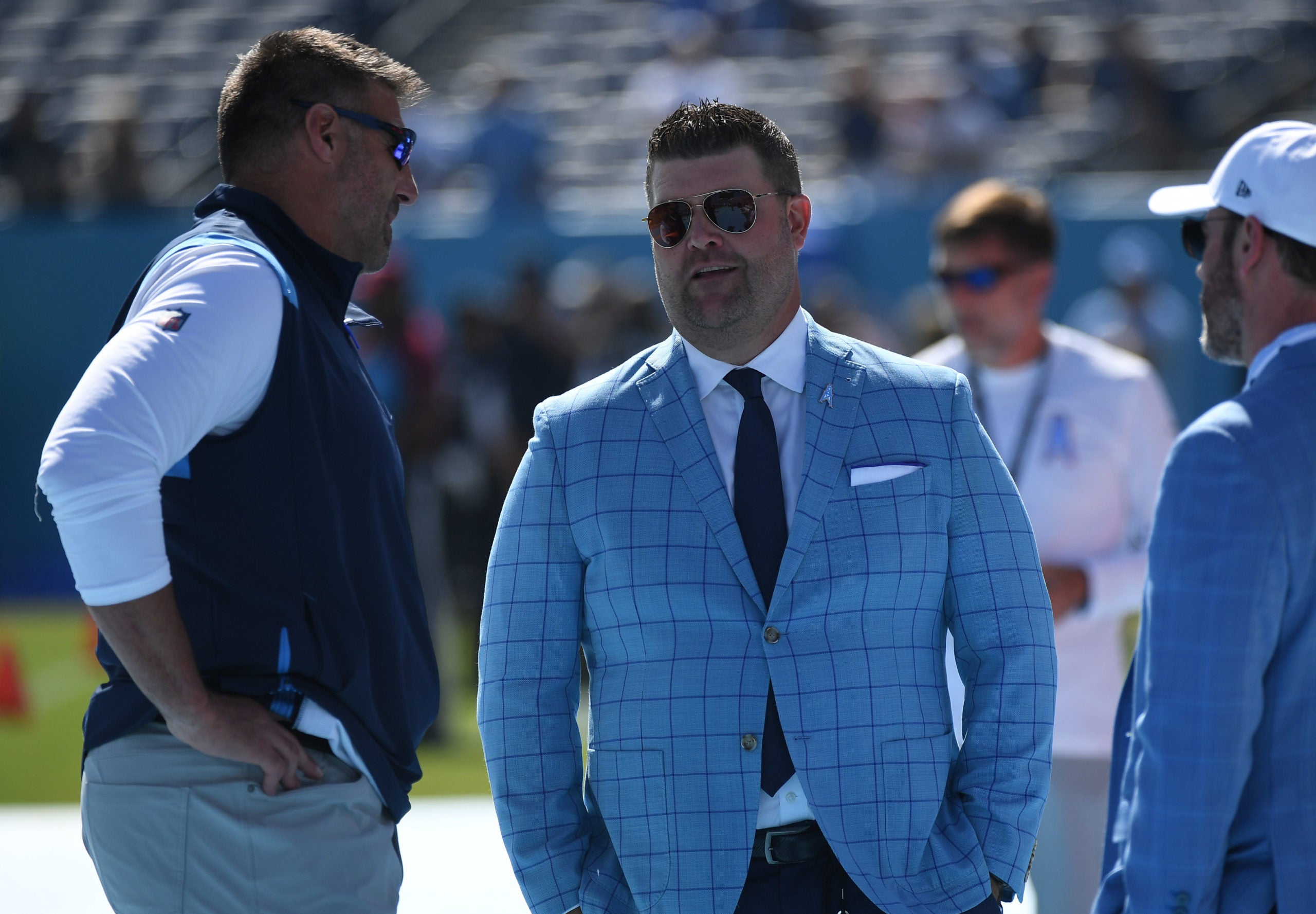 Sep 26, 2021; Nashville, Tennessee, USA; Tennessee Titans general manager Jon Robinson talks with Tennessee Titans head coach Mike Vrabel before the game against the Indianapolis Colts at Nissan Stadium. Mandatory Credit: Christopher Hanewinckel-USA TODAY Sports