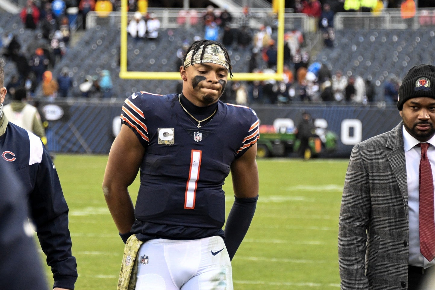 Nov 13, 2022; Chicago, Illinois, USA;  Chicago Bears quarterback Justin Fields (1) leaves the field after the game against the Detroit Lions at Soldier Field. Mandatory Credit: Matt Marton-USA TODAY Sports