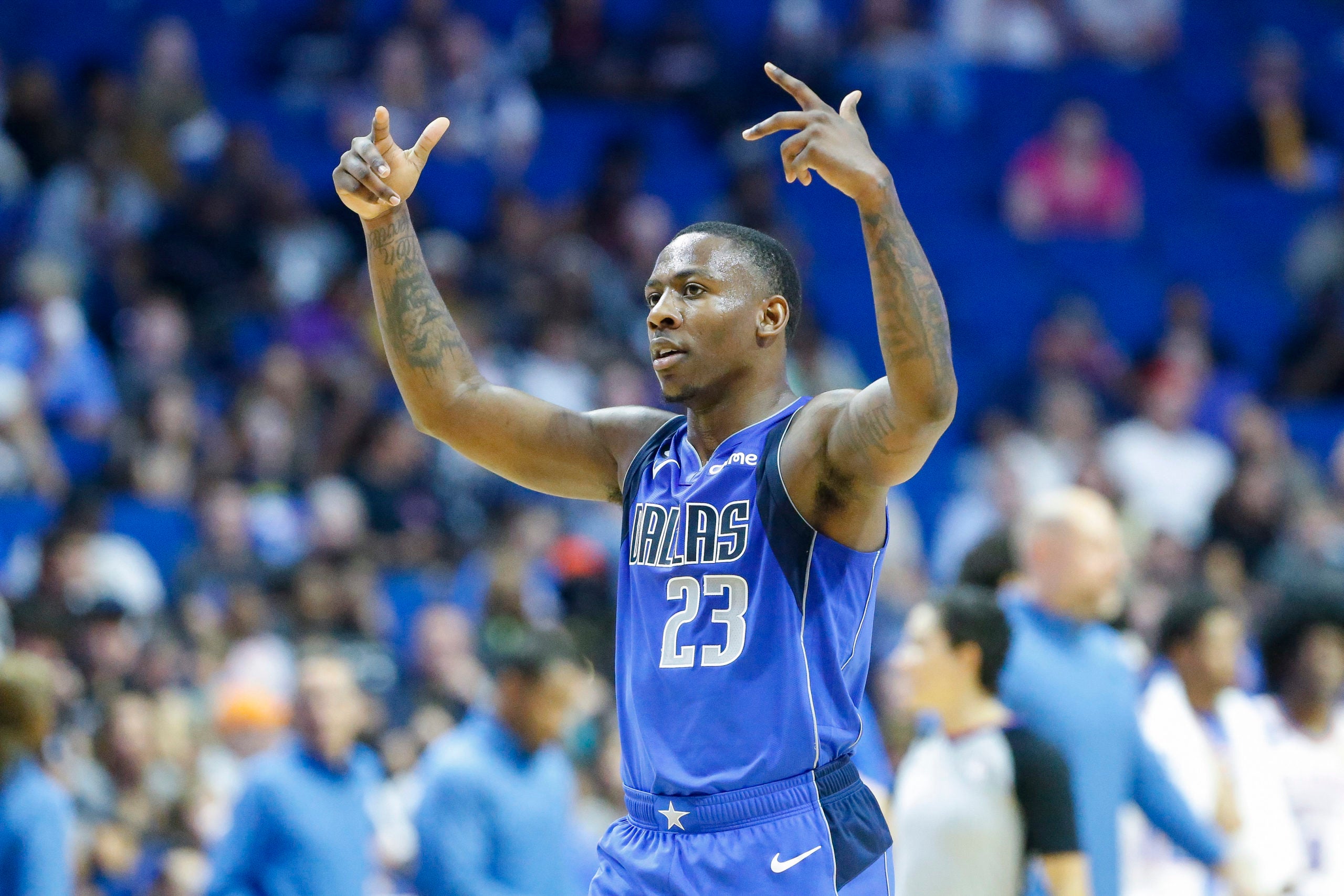 Oct 5, 2022; Tulsa, Oklahoma, USA; Dallas Mavericks guard McKinley Wright IV (23) gestures after a play against the Oklahoma City Thunder during the second half of a pre-season game at BOK Center. Dallas won 98-96. Mandatory Credit: Alonzo Adams-USA TODAY Sports