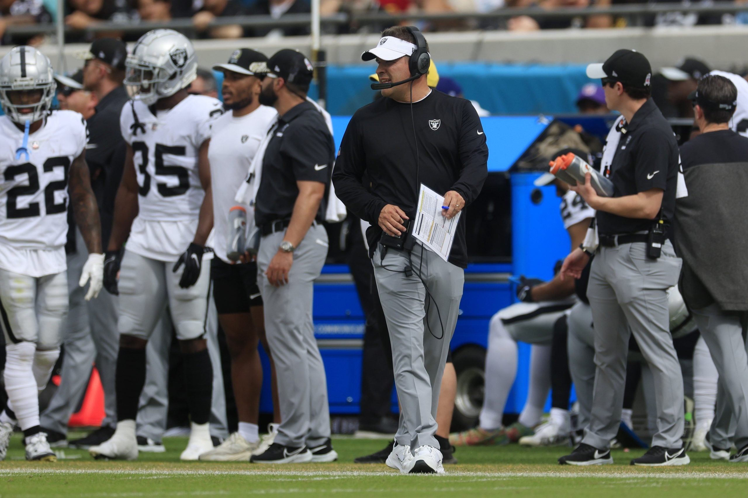 Las Vegas Raiders head coach Josh McDaniels looks on during the first quarter of a regular season NFL football matchup Sunday, Nov. 6, 2022 at TIAA Bank Field in Jacksonville. The Jacksonville Jaguars held off the Las Vegas Raiders 27-20. [Corey Perrine/Florida Times-Union] Jki 110622 Raiders Jag2 10