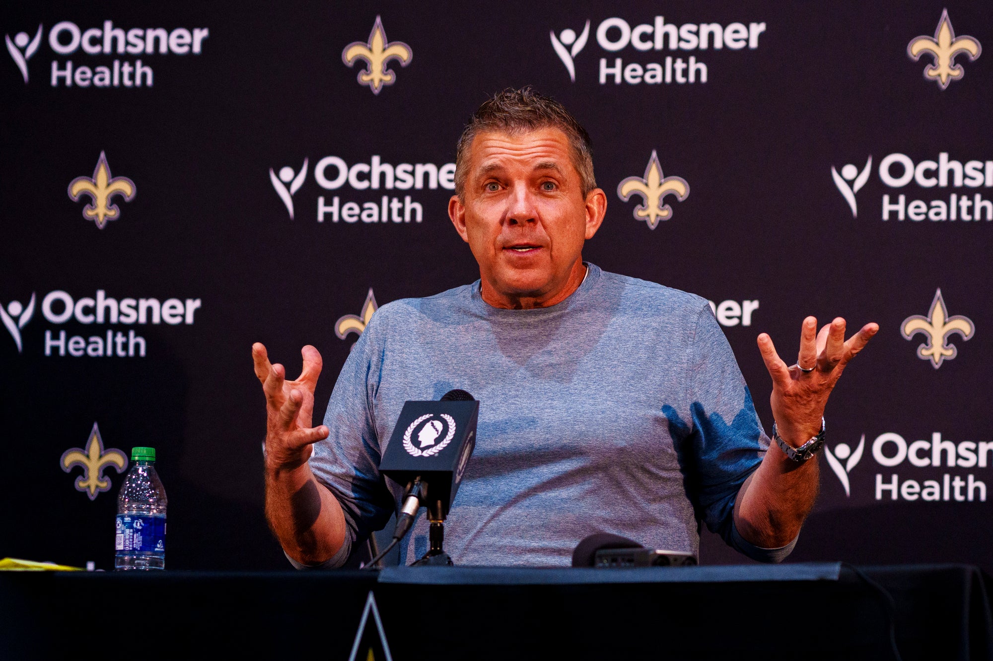 Jan 25, 2022; Metairie, LA, USA;  New Orleans Saints head coach Sean Payton speaks during a press conference at Ochsner Sports Performance Center. Mandatory Credit: Andrew Wevers-USA TODAY Sports