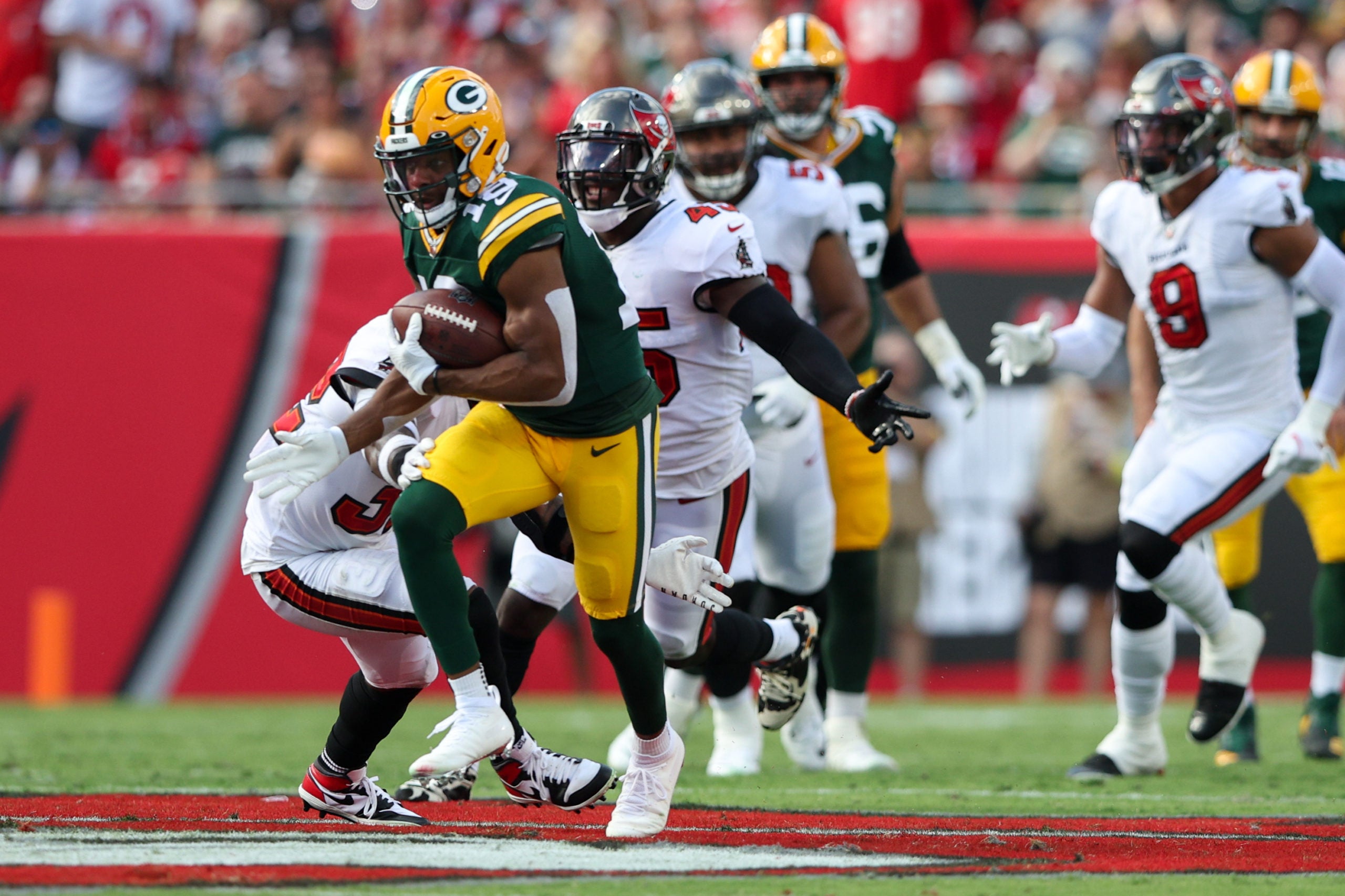 Sep 25, 2022; Tampa, Florida, USA;  Green Bay Packers wide receiver Randall Cobb (18) runs with the ball against the Tampa Bay Buccaneers in the second quarter at Raymond James Stadium. Mandatory Credit: Nathan Ray Seebeck-USA TODAY Sports