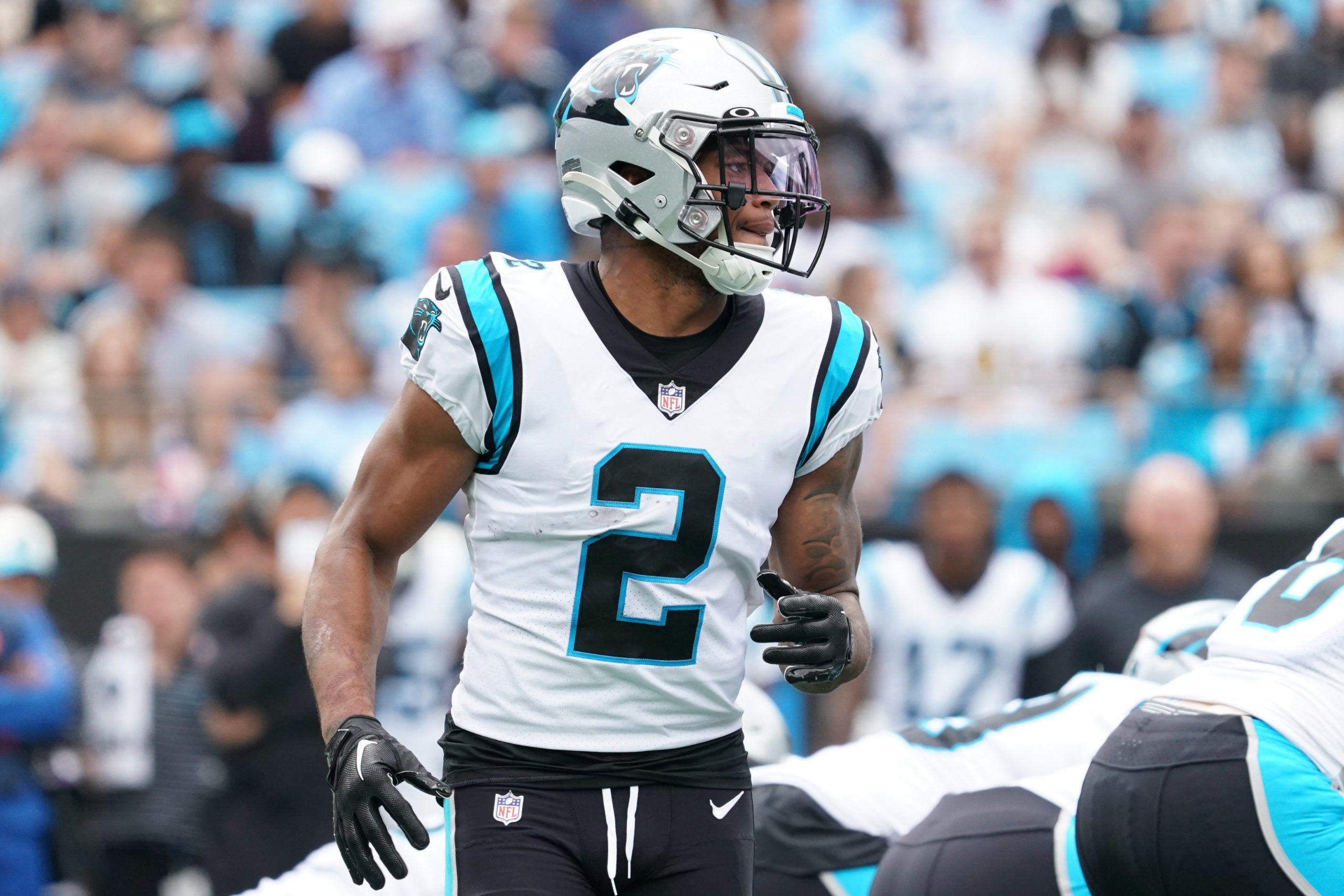 Sep 25, 2022; Charlotte, North Carolina, USA;  Carolina Panthers wide receiver DJ Moore (2) against the New Orleans Saints during the first half at Bank of America Stadium. Mandatory Credit: James Guillory-USA TODAY Sports
