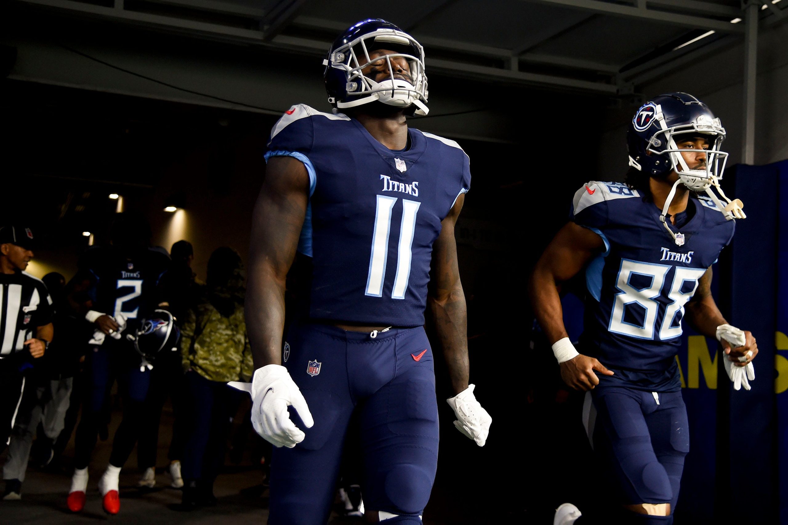 Tennessee Titans wide receivers A.J. Brown (11) and Marcus Johnson (88) take the field to face the Rams at SoFI Stadium Sunday, Nov. 7, 2021 in Inglewood, Calif. Titans Rams 032