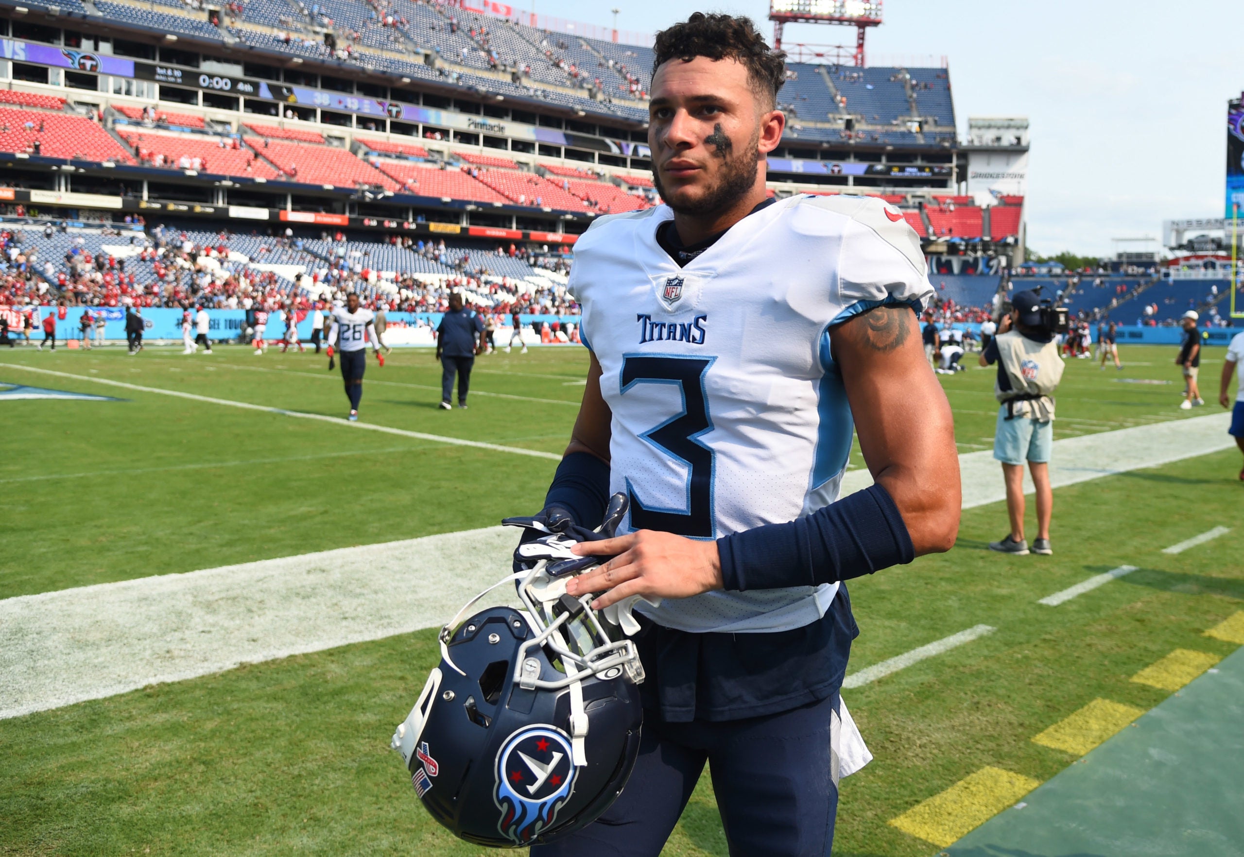 Sep 12, 2021; Nashville, Tennessee, USA; Tennessee Titans cornerback Caleb Farley (3) leaves the field after a loss against the Arizona Cardinals at Nissan Stadium. Mandatory Credit: Christopher Hanewinckel-USA TODAY Sports