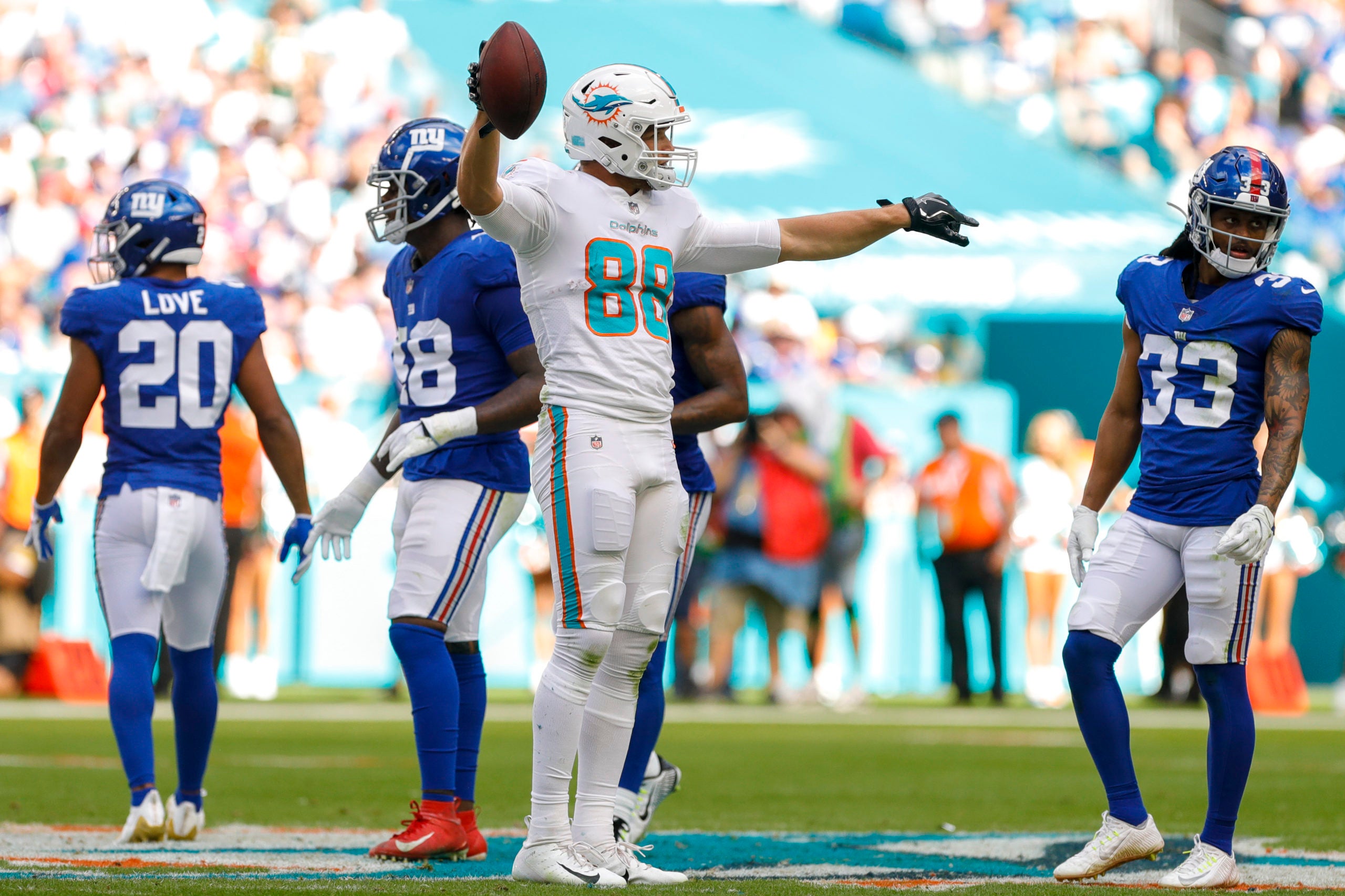 Dec 5, 2021; Miami Gardens, Florida, USA; Miami Dolphins tight end Mike Gesicki (88) reacts after making a catch against the New York Giants during the first half at Hard Rock Stadium. Mandatory Credit: Sam Navarro-USA TODAY Sports