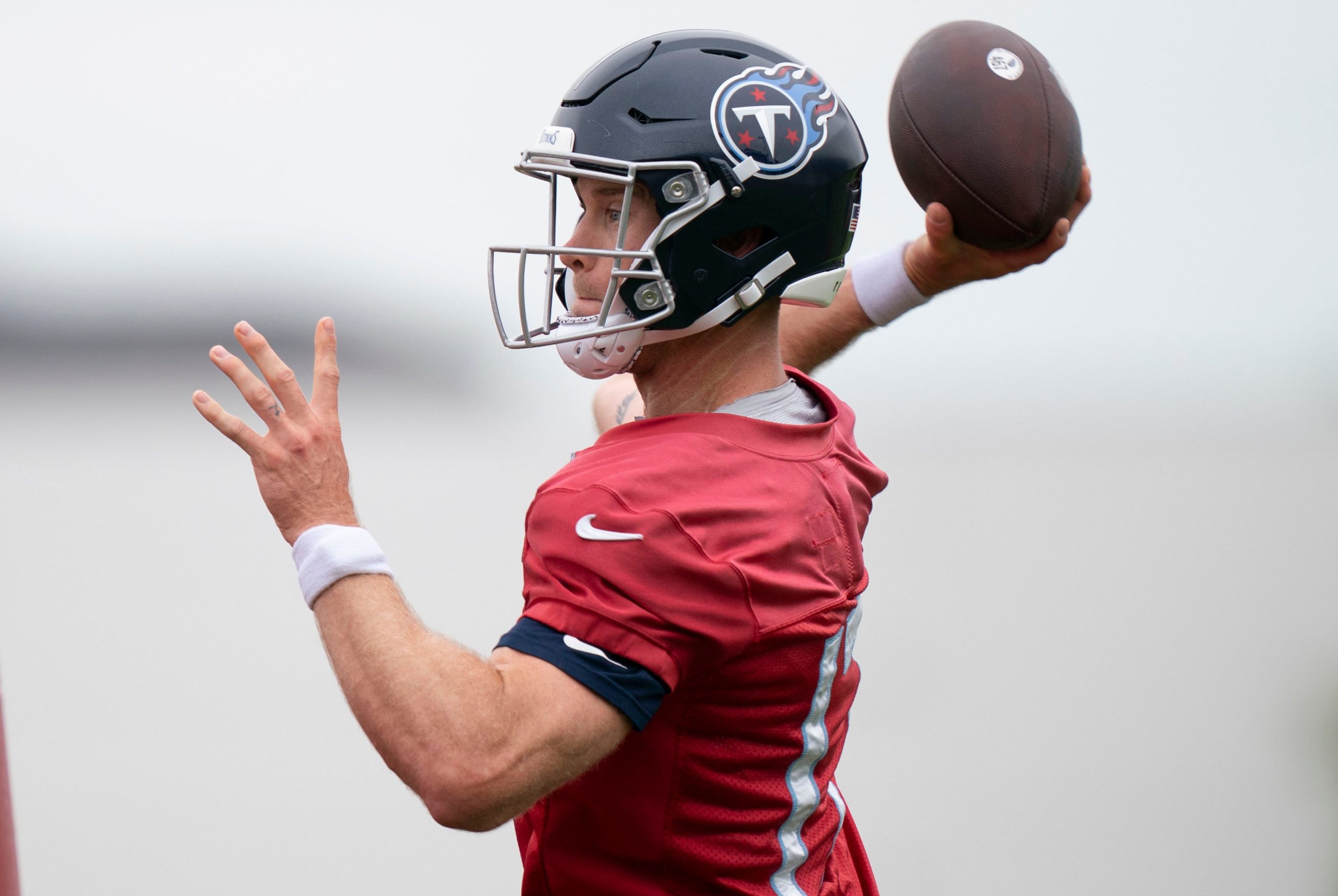 Tennessee Titans quarterback Ryan Tannehill (17) throws a pass during practice at Saint Thomas Sports Park Tuesday, May 24, 2022, in Nashville, Tenn. Nas Titans Ota 030