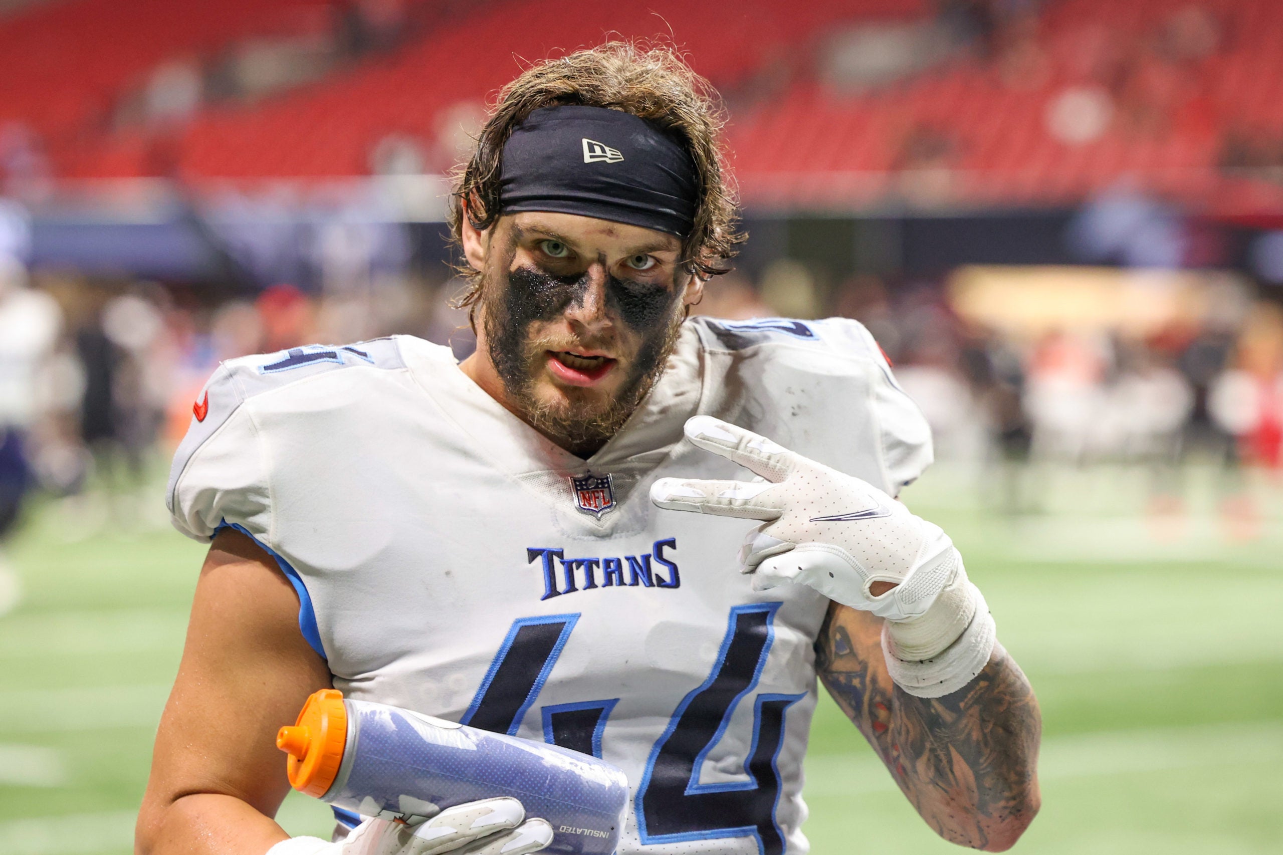 Aug 13, 2021; Atlanta, Georgia, USA; Tennessee Titans fullback Tory Carter (44) walks off of the field after their game against the Atlanta Falcons at Mercedes-Benz Stadium. Mandatory Credit: Jason Getz-USA TODAY Sports