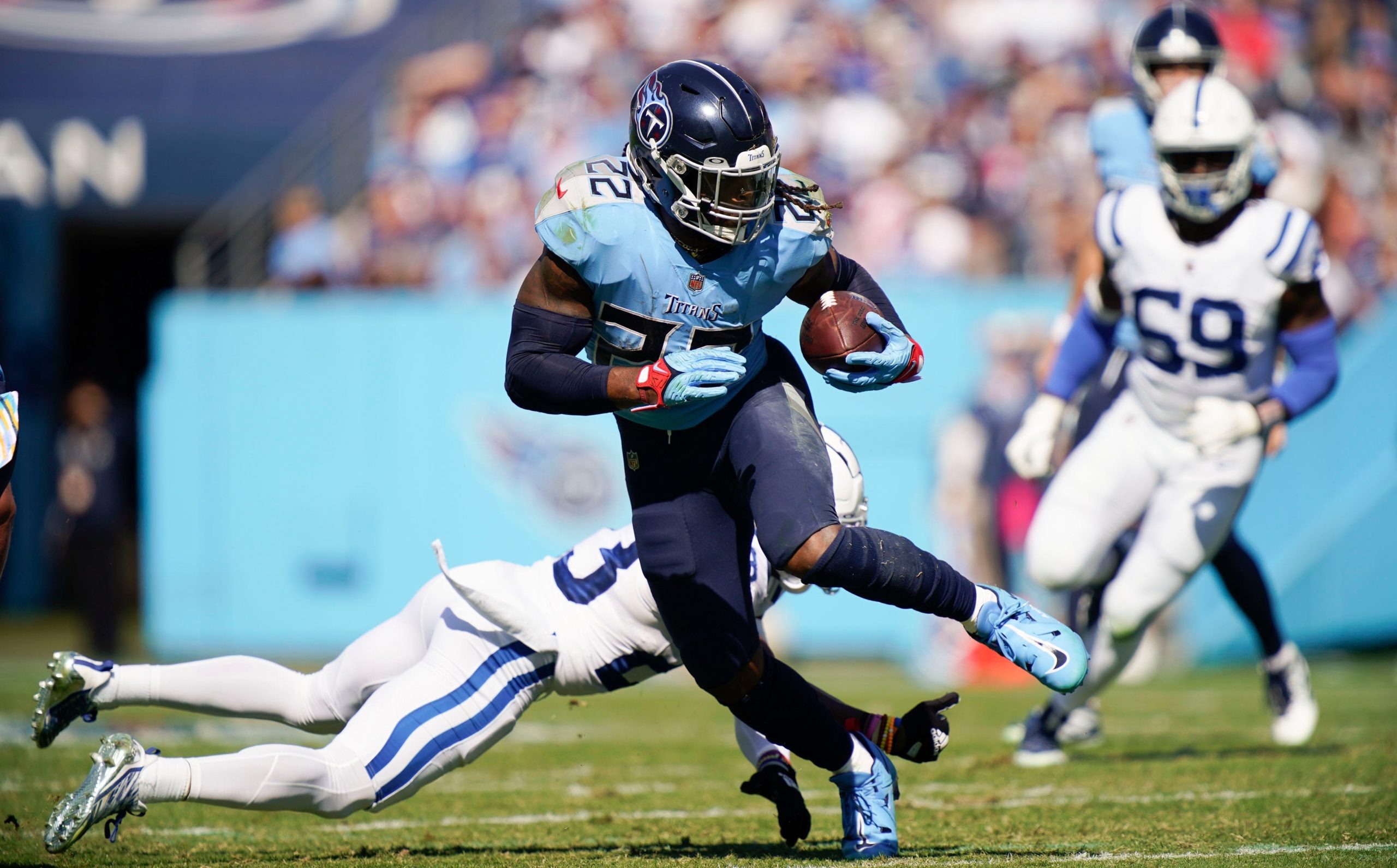 Tennessee Titans running back Derrick Henry (22) runs the ball against the Indianapolis Colts during the second quarter at Nissan Stadium Sunday, Oct. 23, 2022, in Nashville, Tenn. Nfl Indianapolis Colts At Tennessee Titans Syndication The Tennessean