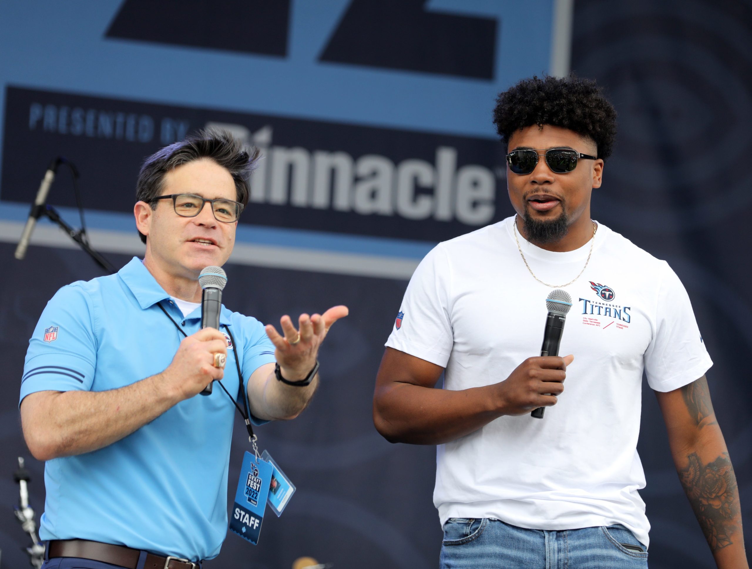 Tennessee Titans number 18 overall pick Treylon Burks steps onto the stage to greet fans during the Titans DraftFest 2022 Saturday, April 30, 2022 at Nissan Stadium. Draftfest 02