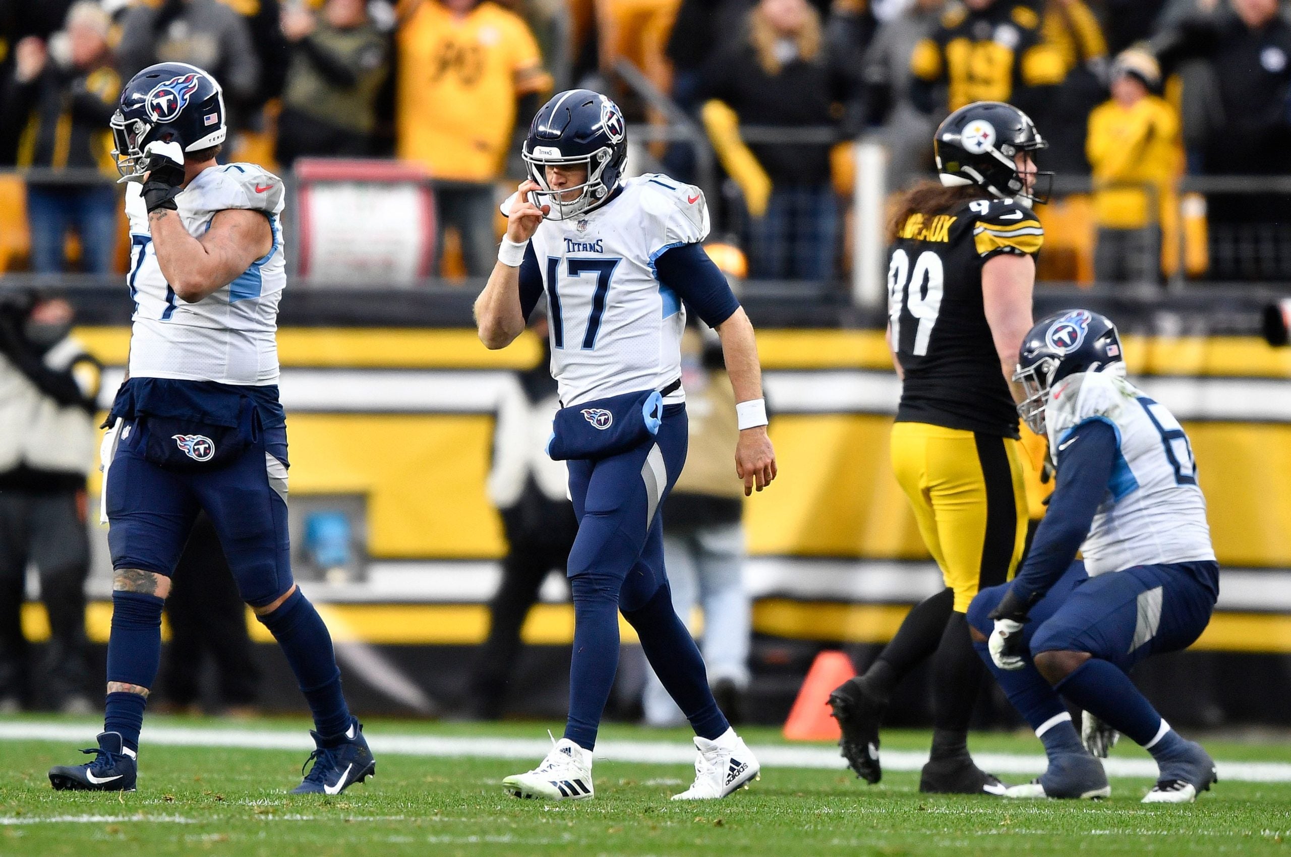 Tennessee Titans quarterback Ryan Tannehill (17) walks off the field after throwing an interception during the fourth quarter at Heinz Field Sunday, Dec. 19, 2021 in Pittsburgh, Pa. Titans Steelers 128