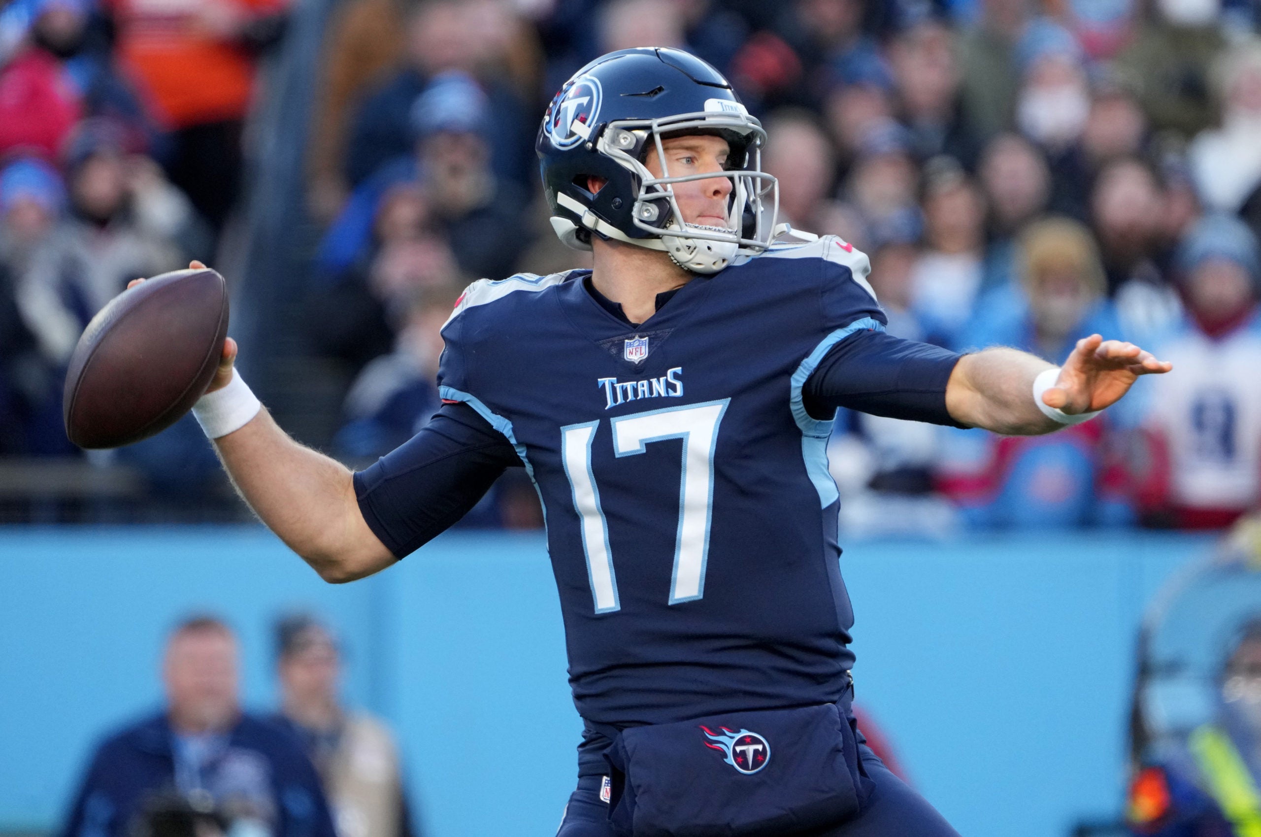 Jan 22, 2022; Nashville, Tennessee, USA; Tennessee Titans quarterback Ryan Tannehill (17) throws during the first quarter of the AFC Divisional playoff football game against the Cincinnati Bengals at Nissan Stadium. Mandatory Credit: Kirby Lee-USA TODAY Sports