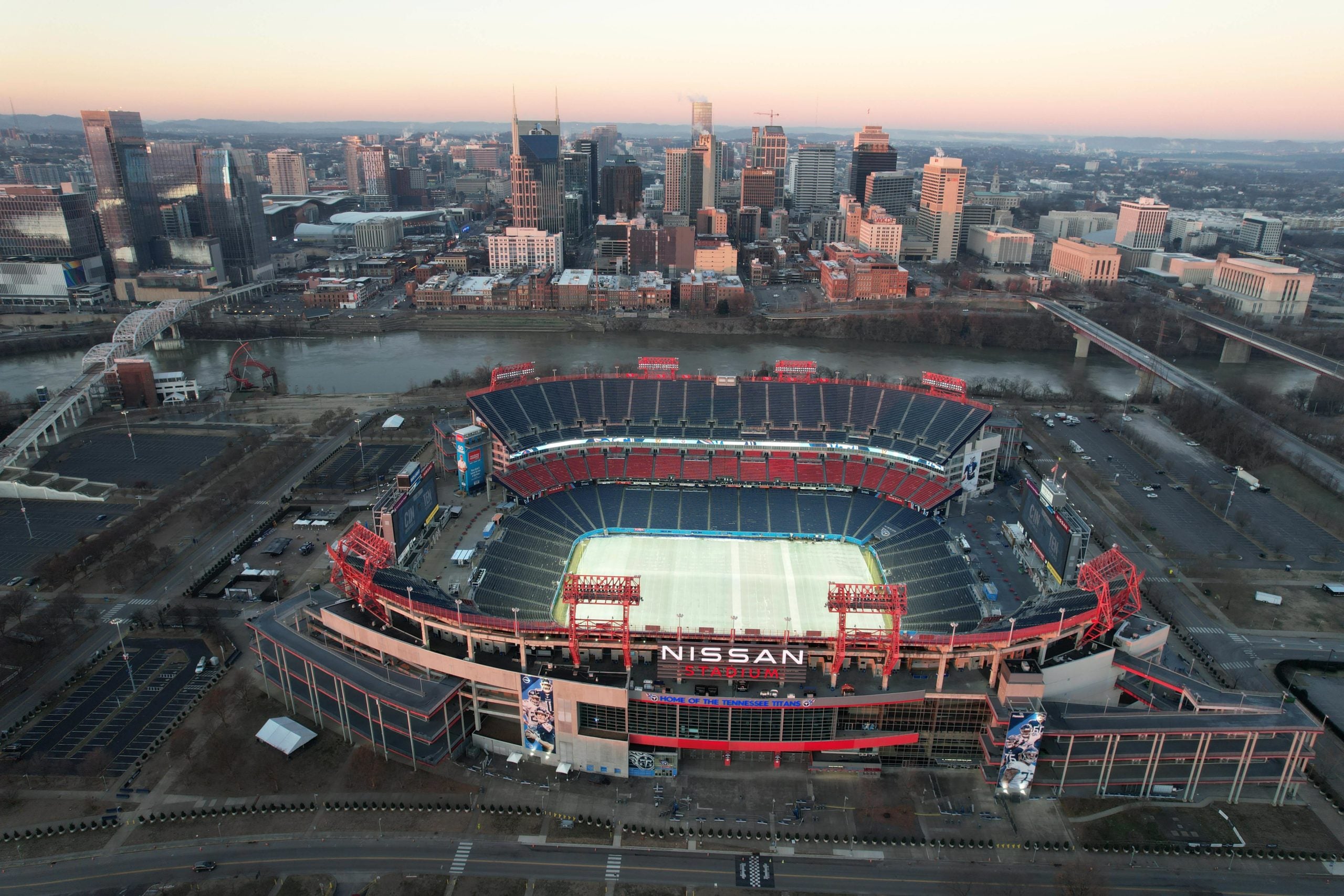 Jan 22, 2022; Nashville, Tennessee, USA; A general overall aerial view of Nissan Stadium and the downtown skyline. Mandatory Credit: Kirby Lee-USA TODAY Sports