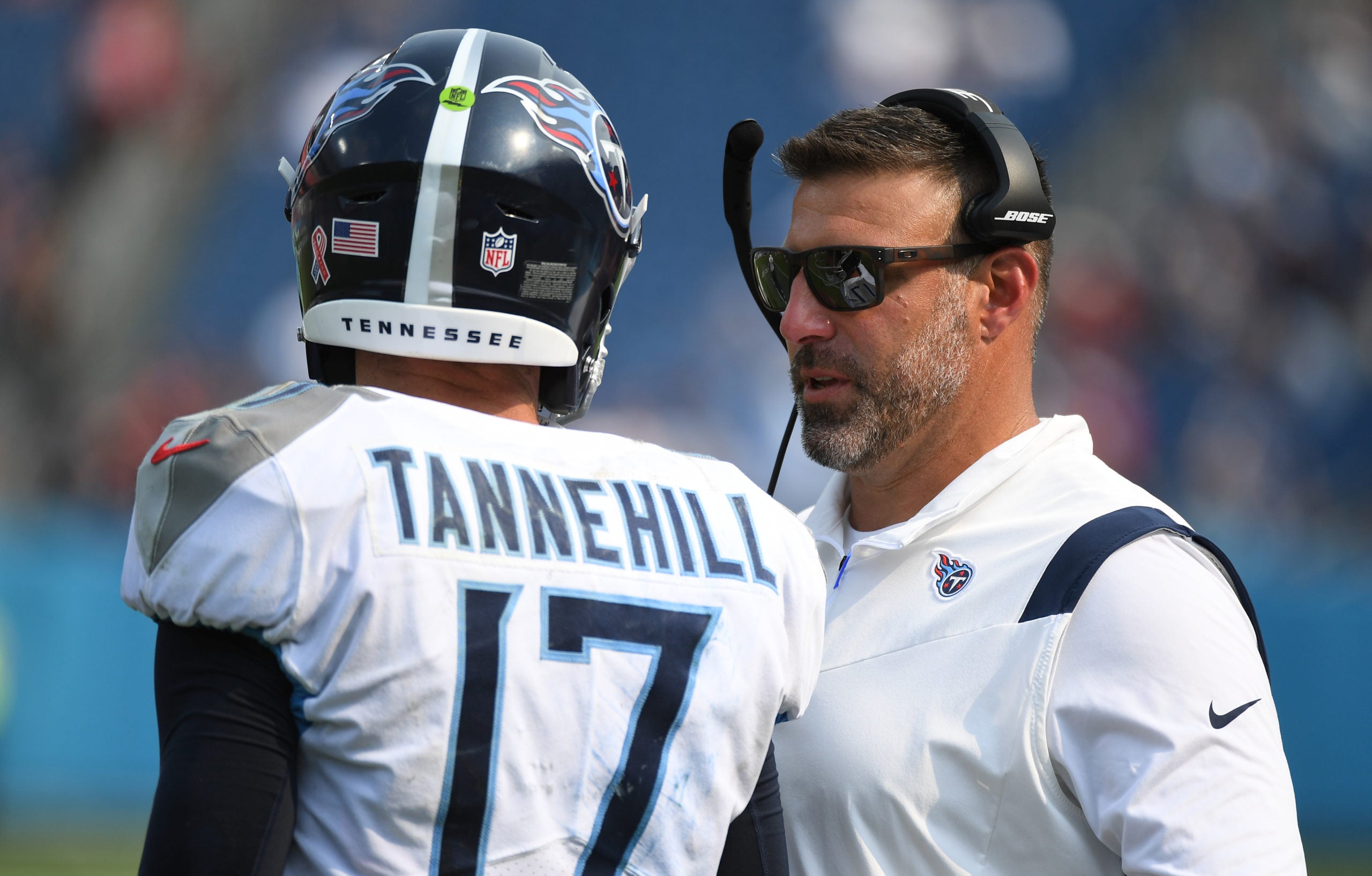 Sep 12, 2021; Nashville, Tennessee, USA; Tennessee Titans head coach Mike Vrabel talks with Tennessee Titans quarterback Ryan Tannehill (17) during the second half against the Arizona Cardinals at Nissan Stadium. Mandatory Credit: Christopher Hanewinckel-USA TODAY Sports