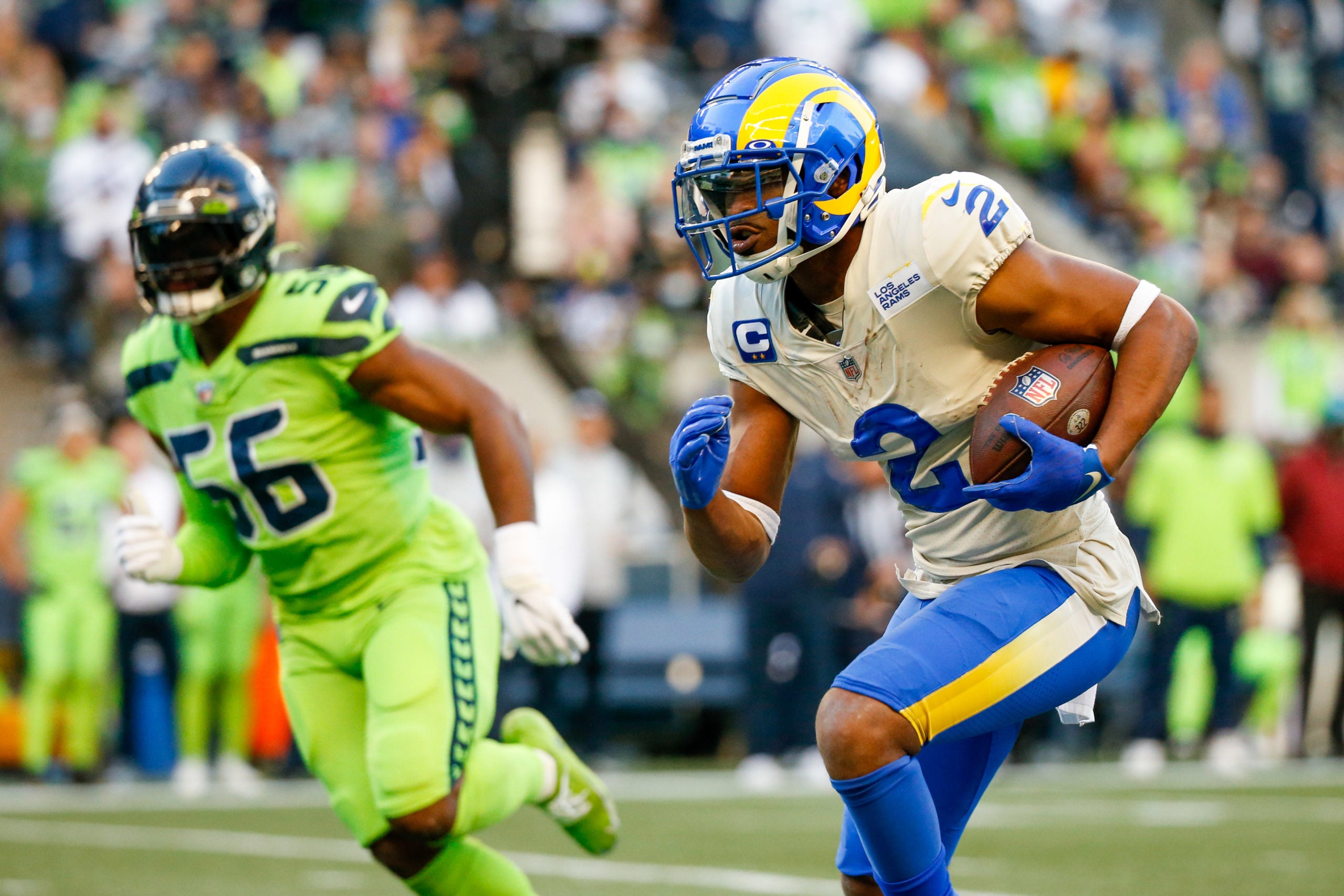 Oct 7, 2021; Seattle, Washington, USA; Los Angeles Rams wide receiver Robert Woods (2) runs for yards after the catch against the Seattle Seahawks during the first quarter at Lumen Field. Mandatory Credit: Joe Nicholson-USA TODAY Sports