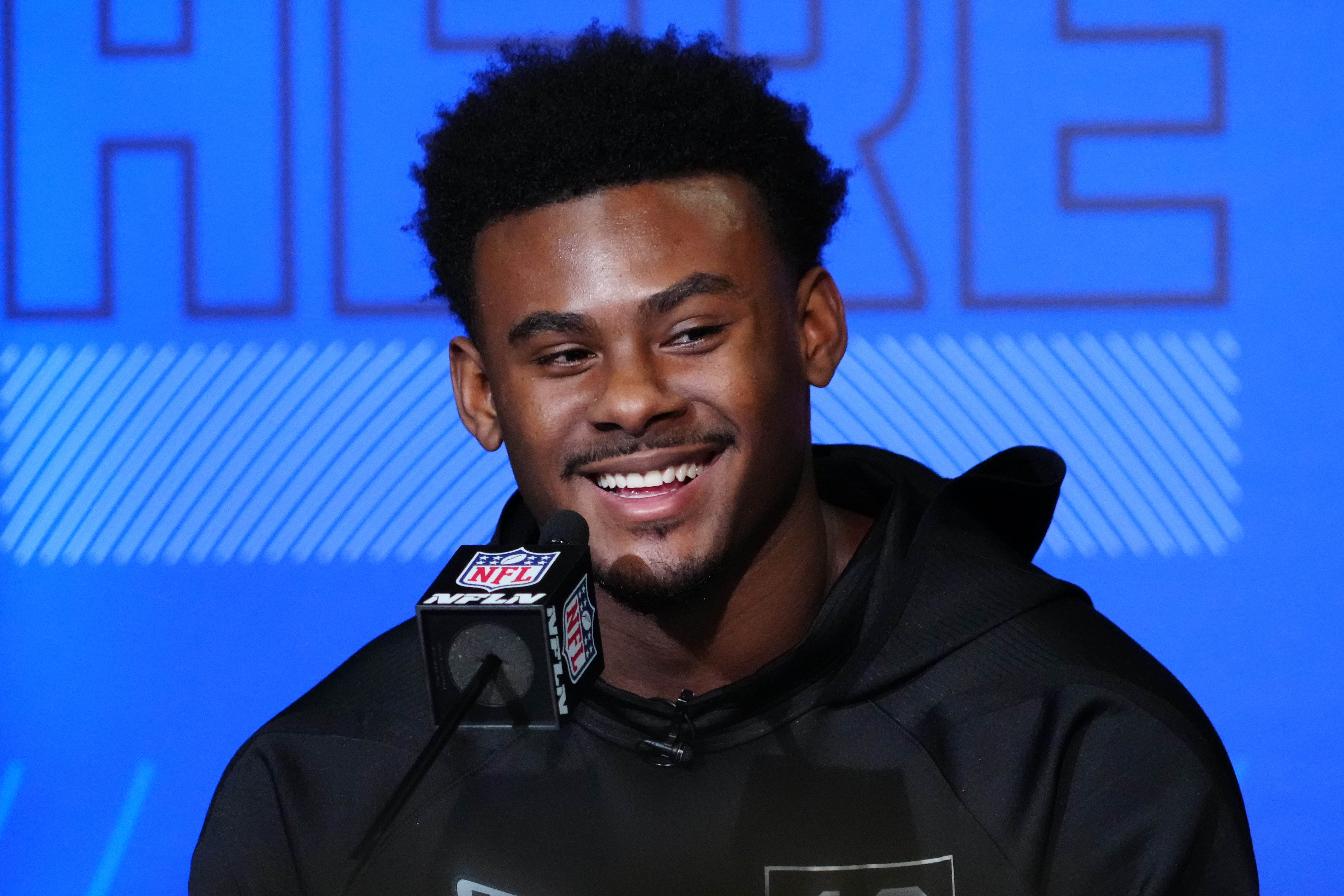 Mar 2, 2022; Indianapolis, IN, USA; Liberty Flames quarterback Malik Willis during the NFL Combine at the Indiana Convention Center. Mandatory Credit: Kirby Lee-USA TODAY Sports