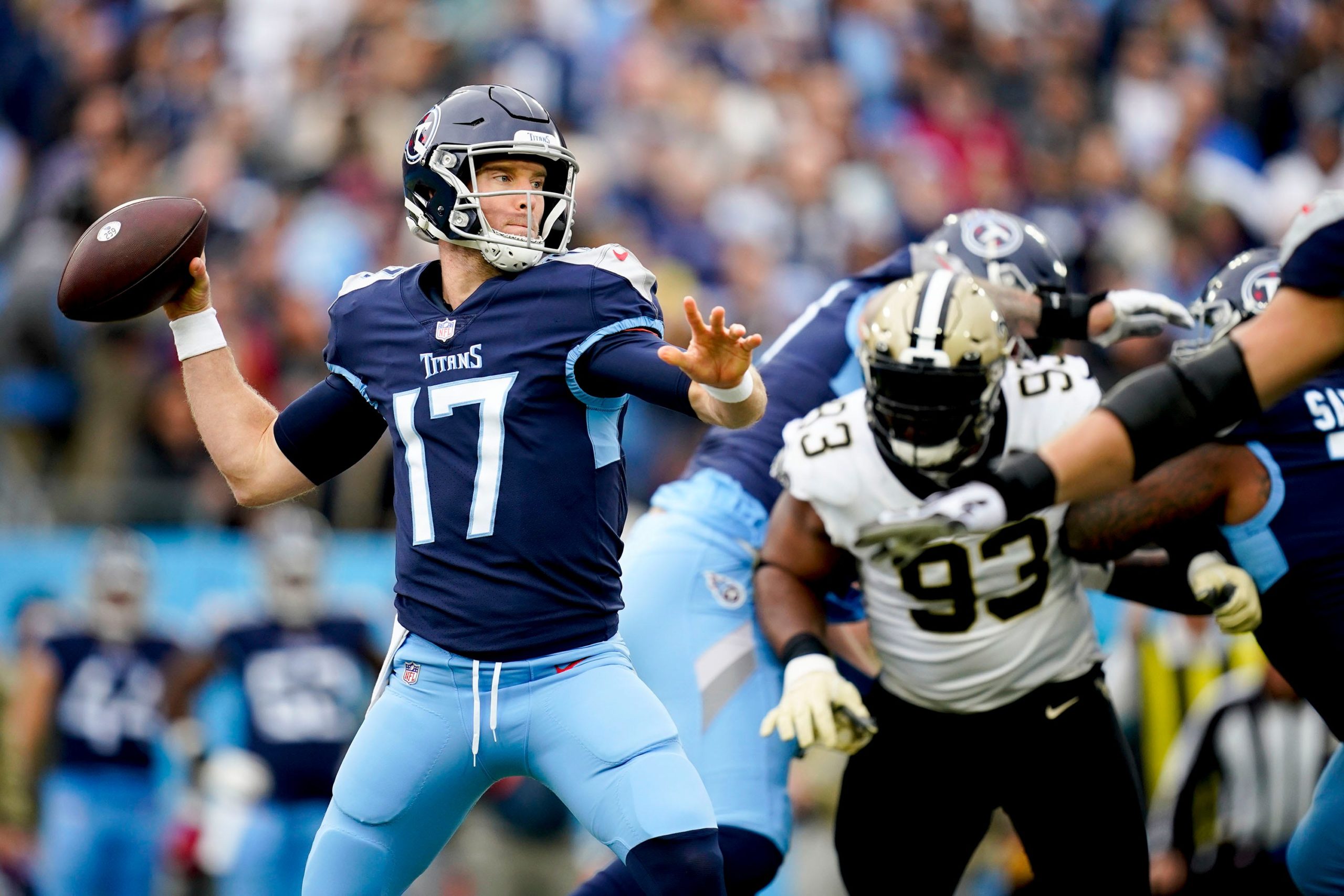 Tennessee Titans quarterback Ryan Tannehill (17) passes the ball as they face the Saints during the first quarter at Nissan Stadium Sunday, Nov. 14, 2021 in Nashville, Tenn. Titans Saints 813